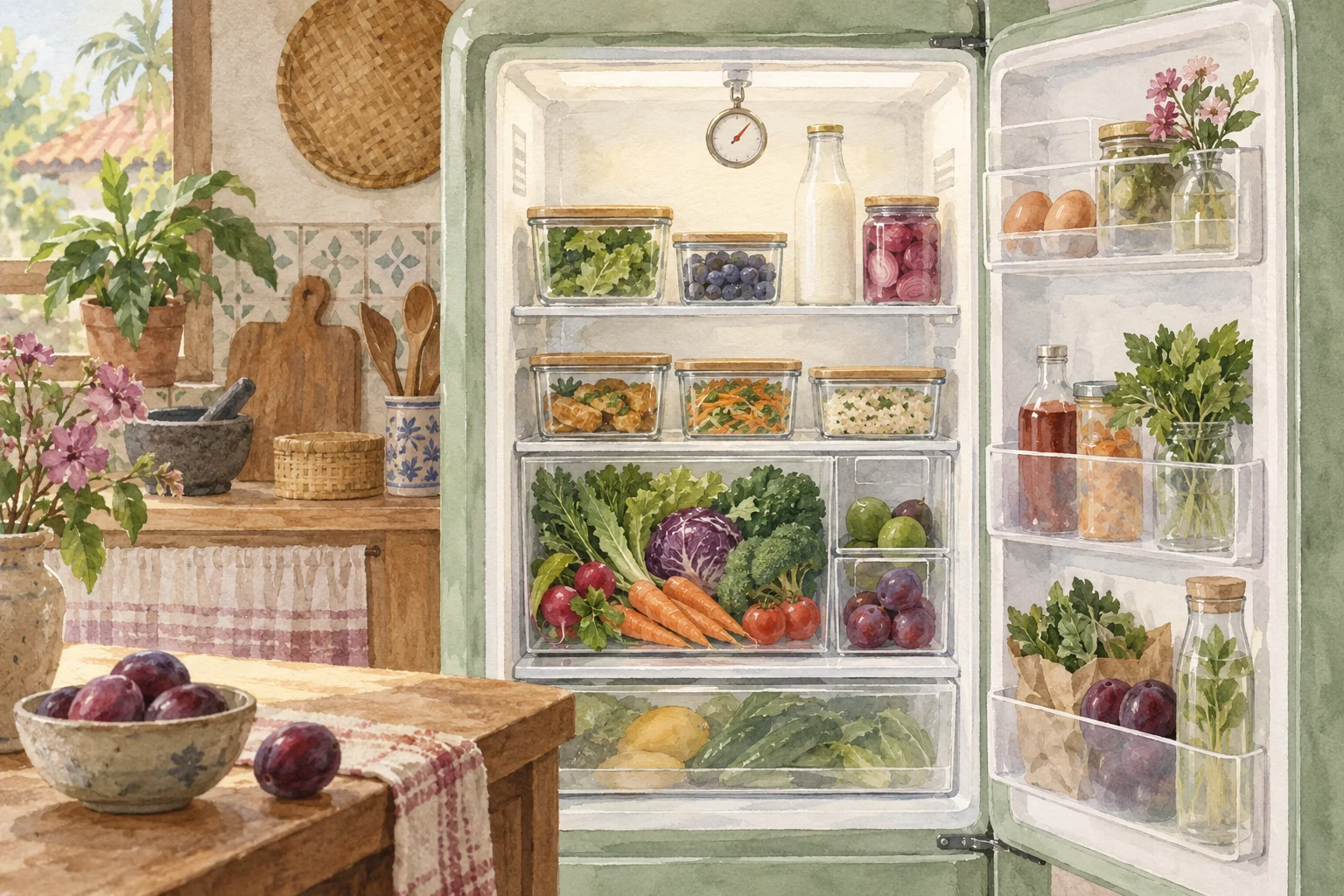 Ilustrasi watercolor kulkas tertata dengan termometer dan makanan dalam wadah