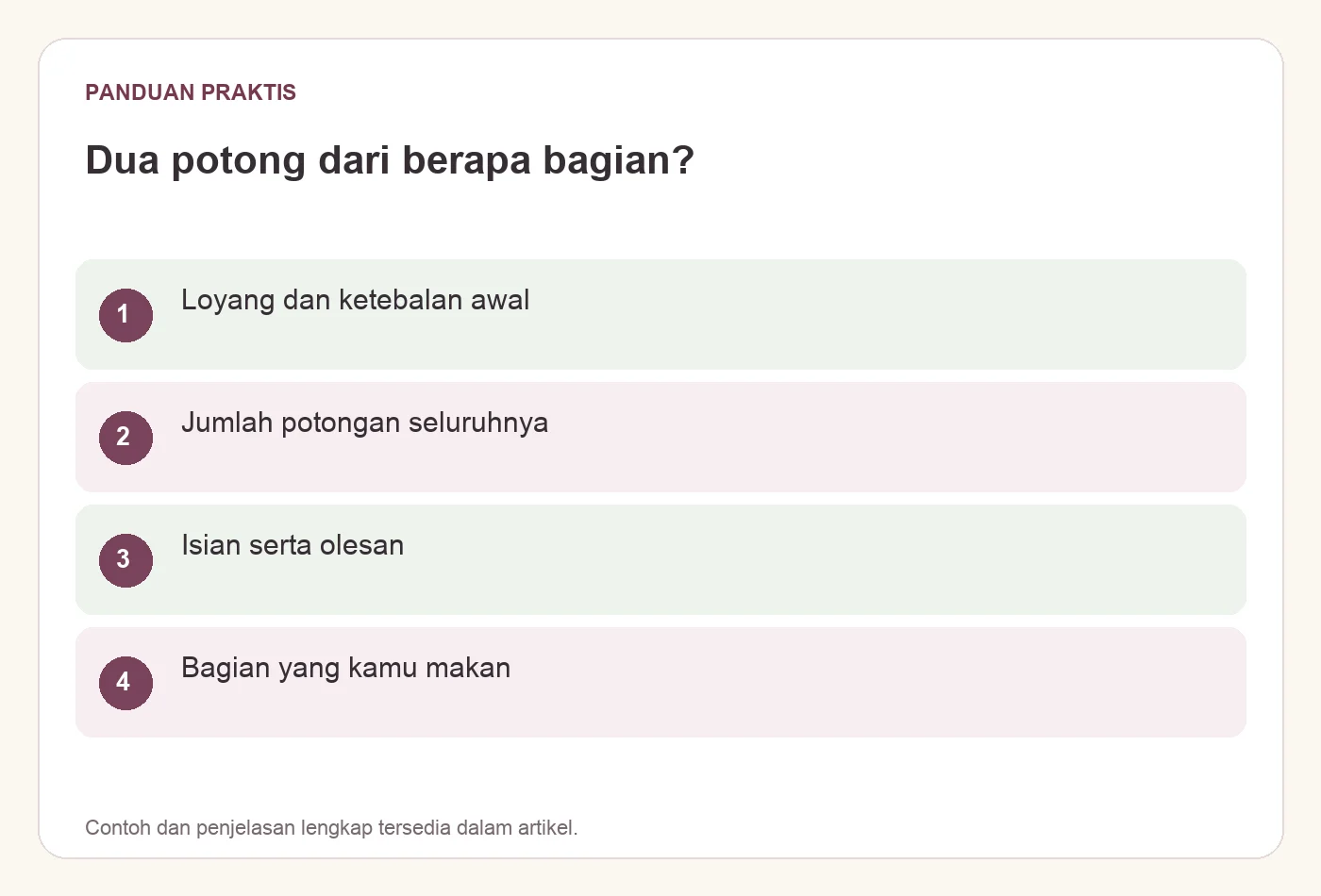 Dua potong dari berapa bagian?. Loyang dan ketebalan awal. Jumlah potongan seluruhnya. Isian serta olesan. Bagian yang kamu makan