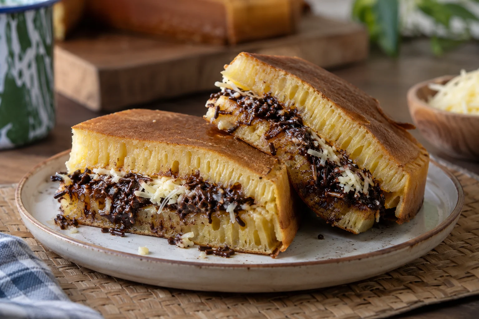 Dua potong martabak manis cokelat keju dengan tekstur berpori