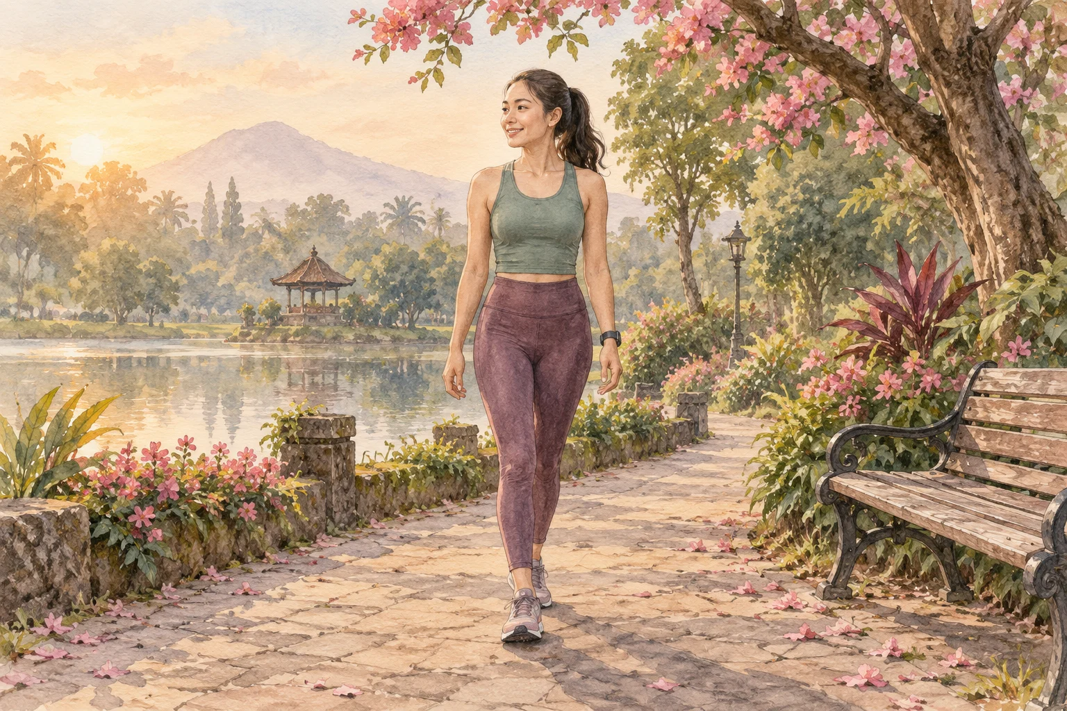 Perempuan berjalan pelan sebagai pendinginan setelah olahraga
