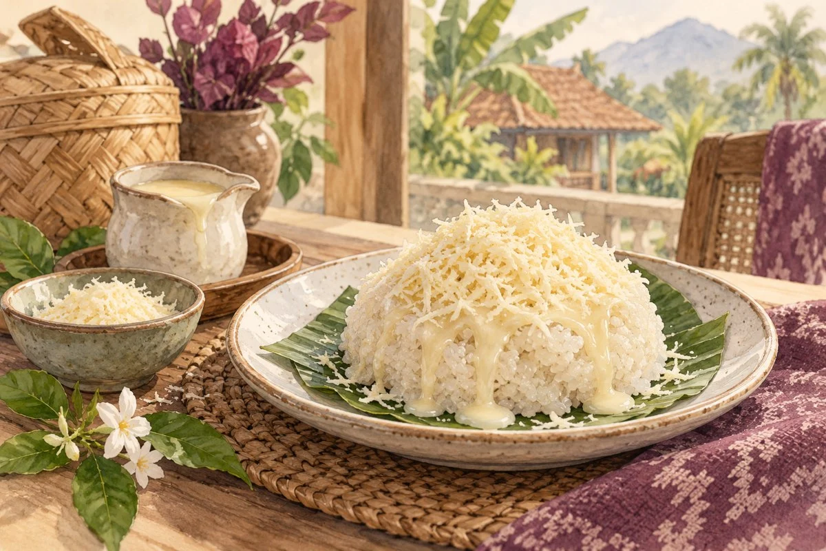 Ilustrasi ketan susu dengan pilihan topping dalam mangkuk