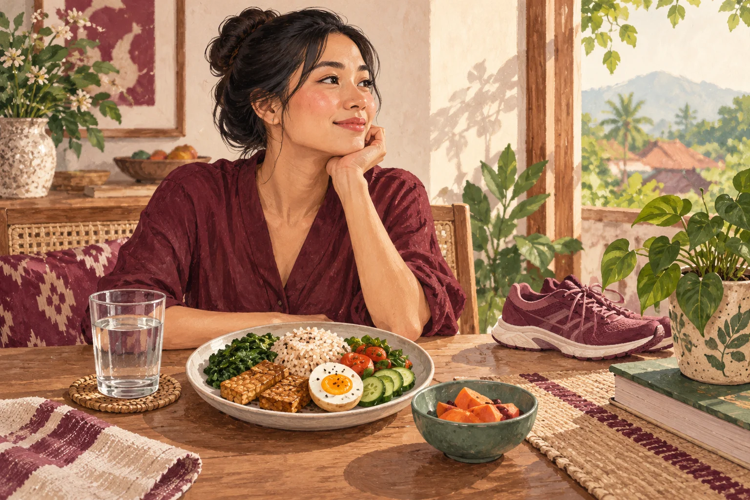 Ilustrasi perempuan dengan sarapan nasi, telur, tempe, sayur, dan air putih