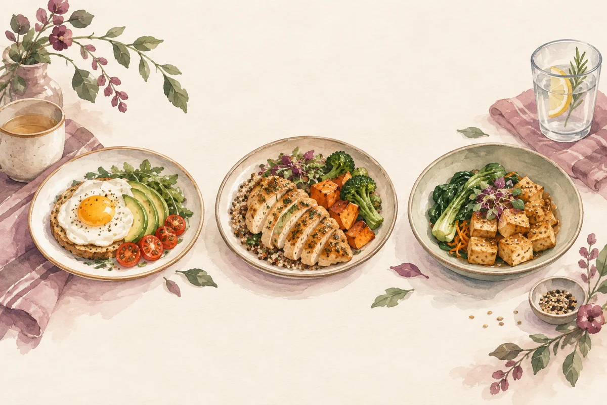 Ilustrasi cara membagi protein antara sarapan, makan siang, dan malam dengan nuansa krem, plum, dan sage