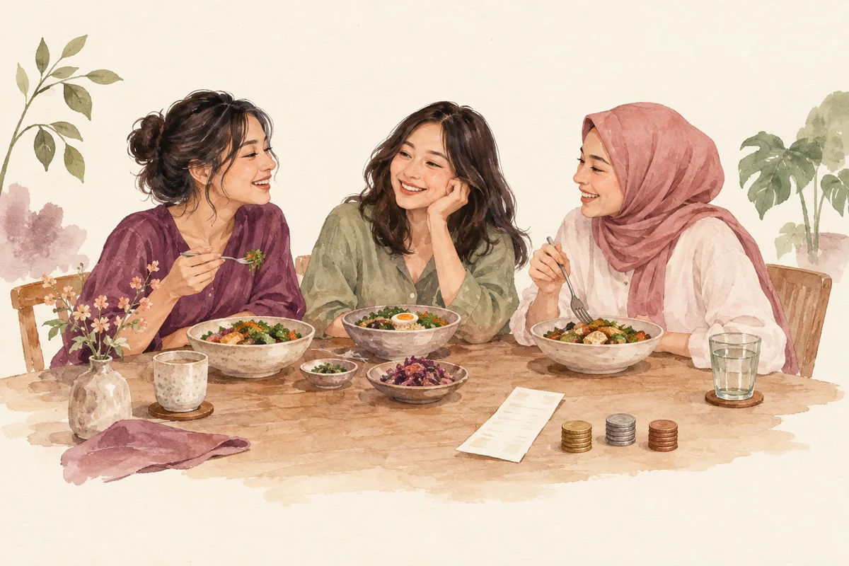 Ilustrasi split bill makan bersama dengan nuansa krem, plum, dan sage
