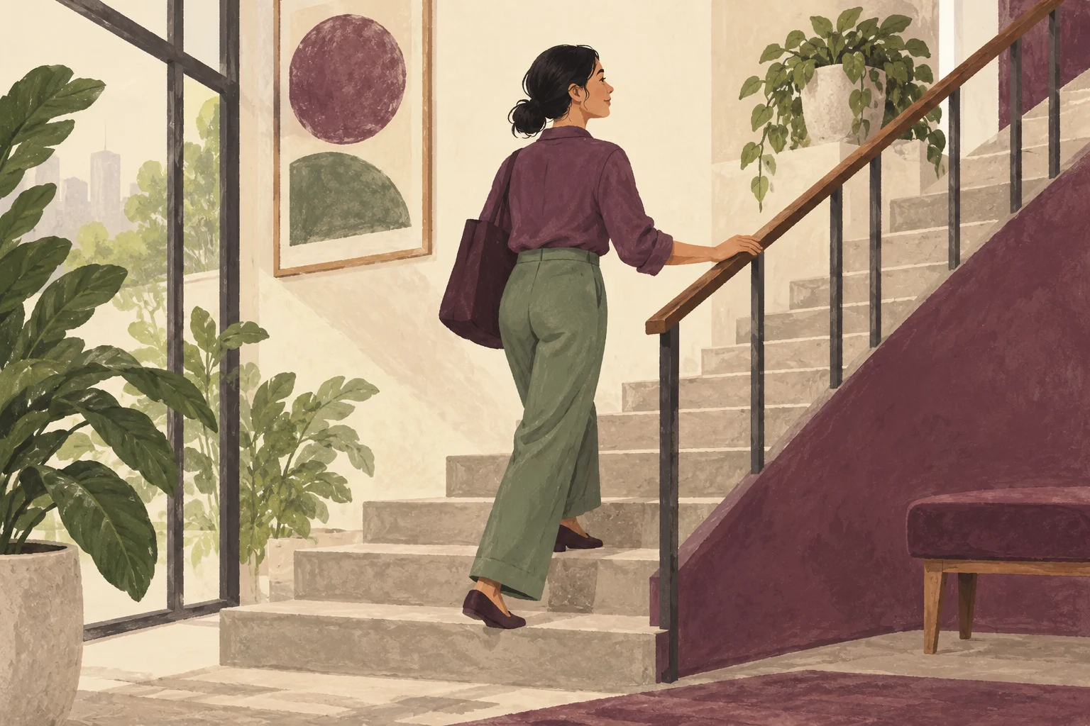 Ilustrasi tangga kantor aman dengan pegangan dan orang berjalan perlahan