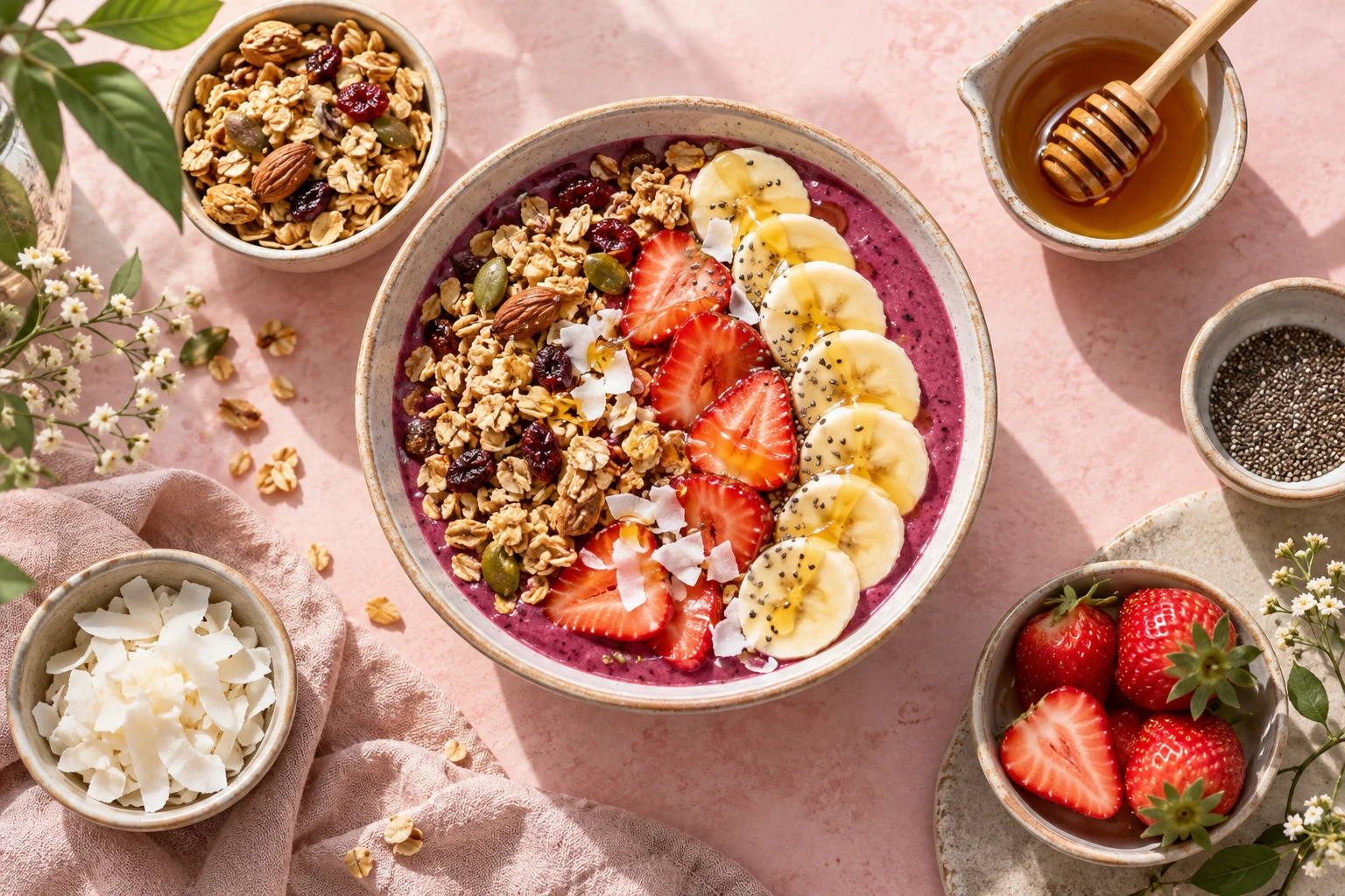 Ilustrasi smoothie bowl dengan granola, pisang, stroberi, dan madu