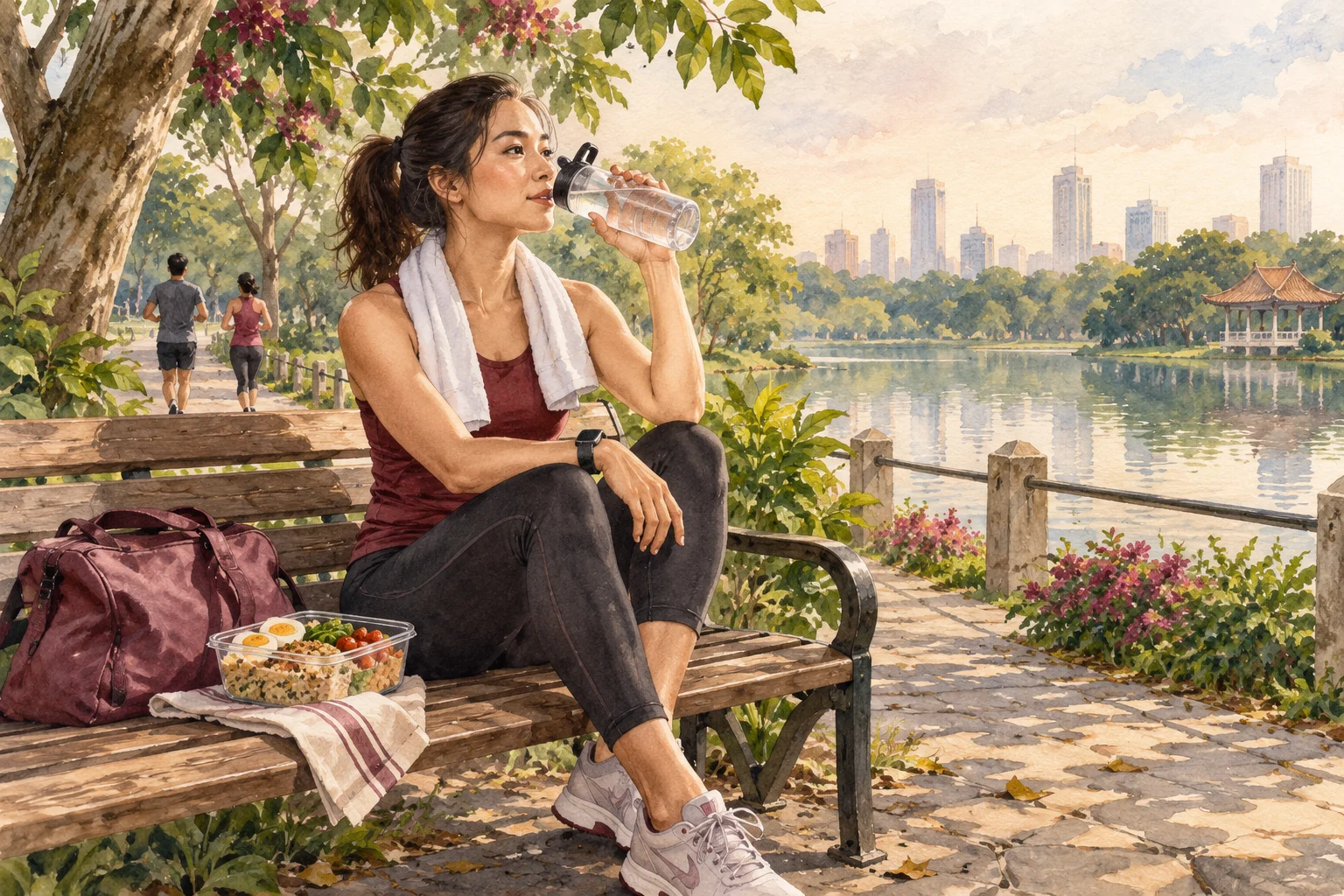 Ilustrasi watercolor: Orang berolahraga beristirahat dengan makanan dan perlengkapan latihan