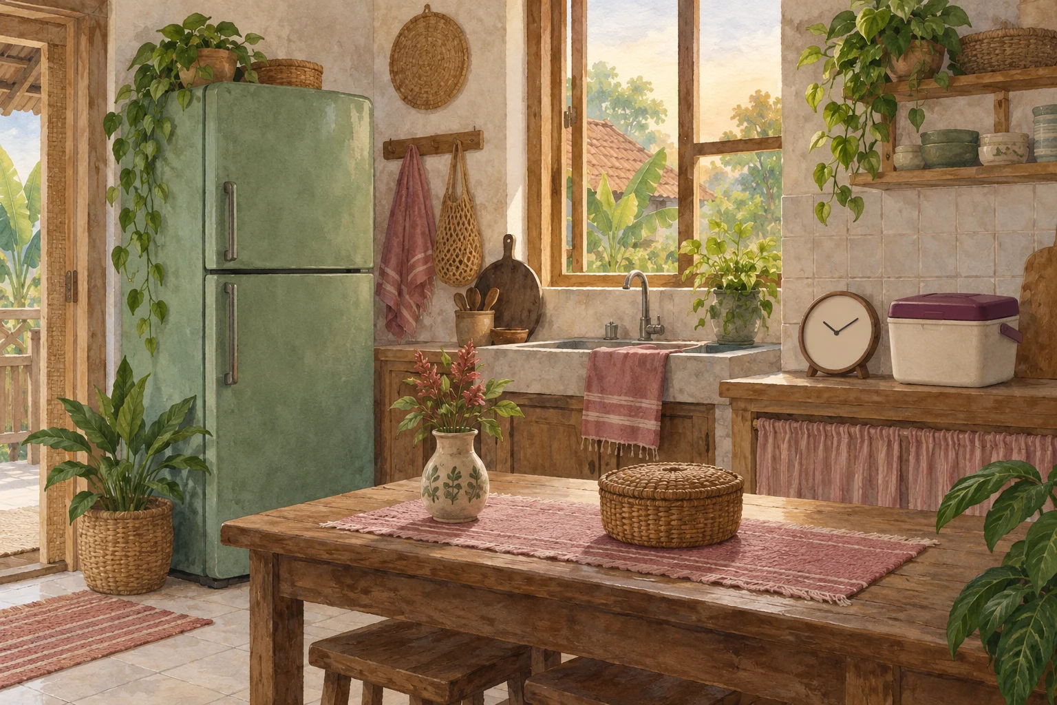 Ilustrasi watercolor kulkas tertutup jam dan cooler sebagai persiapan saat listrik padam