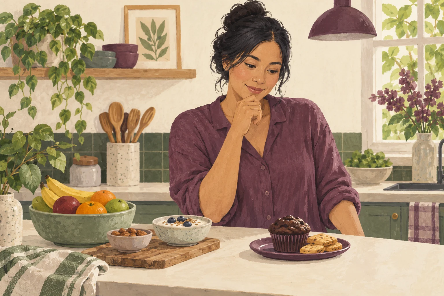 Ilustrasi seseorang berhenti sejenak di meja dapur dengan camilan