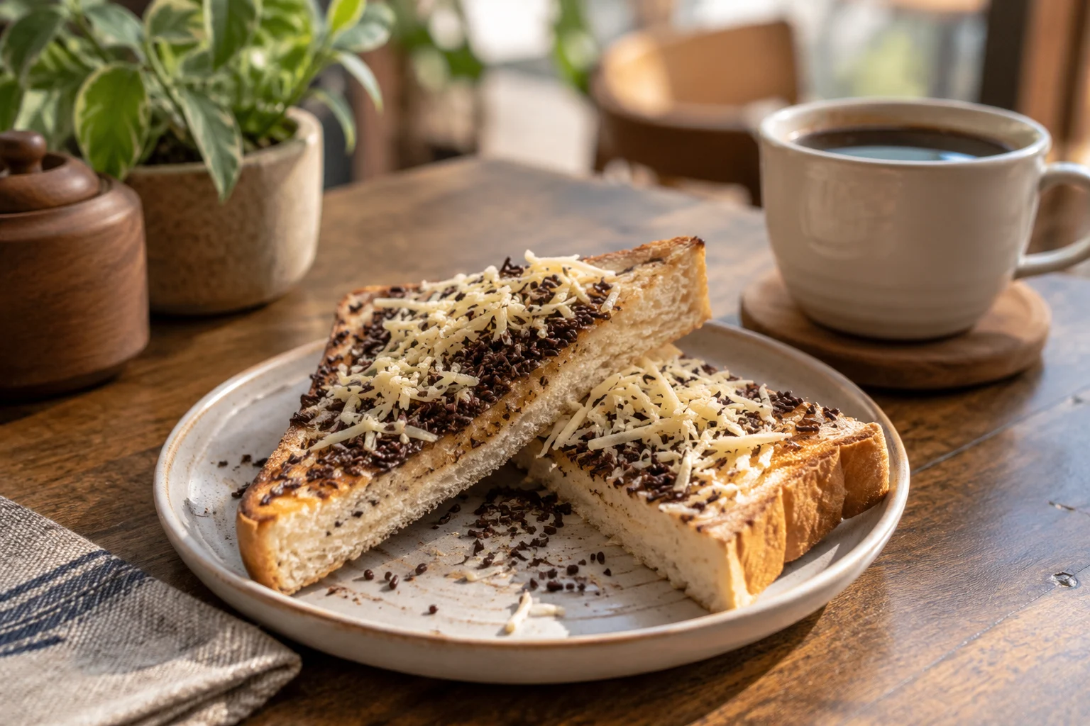Roti bakar cokelat keju berpotongan segitiga dengan serutan keju