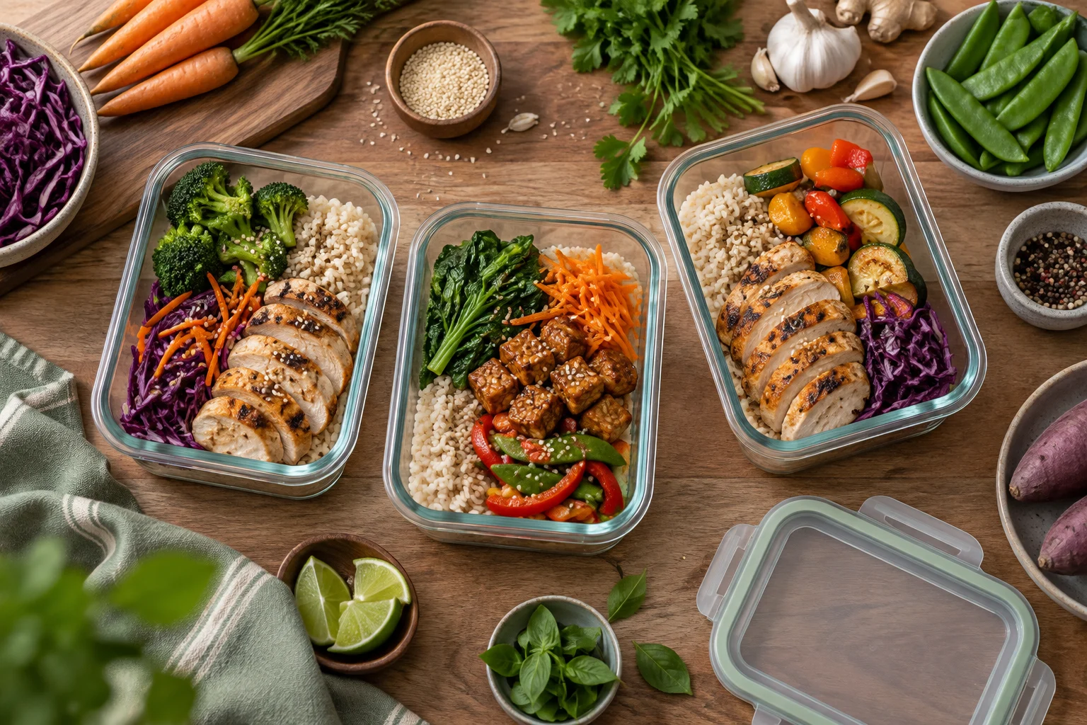 Ilustrasi tiga kotak meal prep berisi nasi, lauk, dan sayuran
