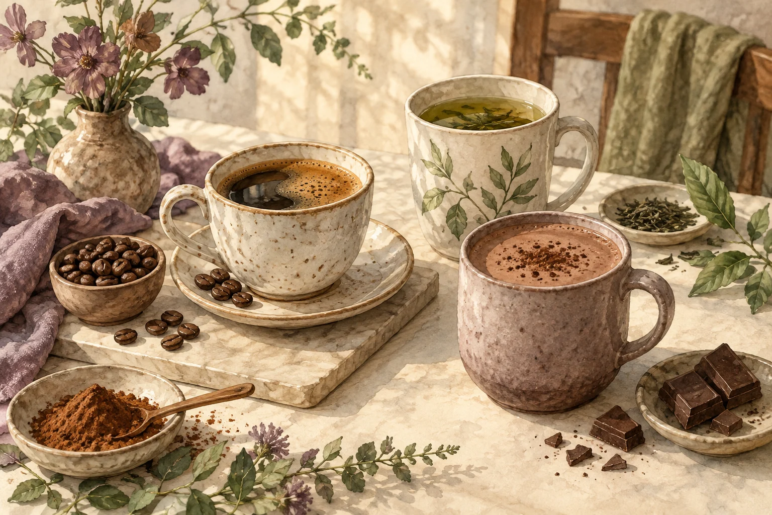 Ilustrasi kopi, teh, dan cokelat sebagai contoh makanan atau minuman yang mengandung kafein.