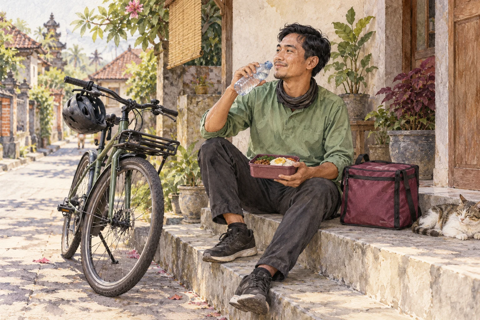 Ilustrasi watercolor: Pekerja fisik beristirahat dengan bekal makan dan air