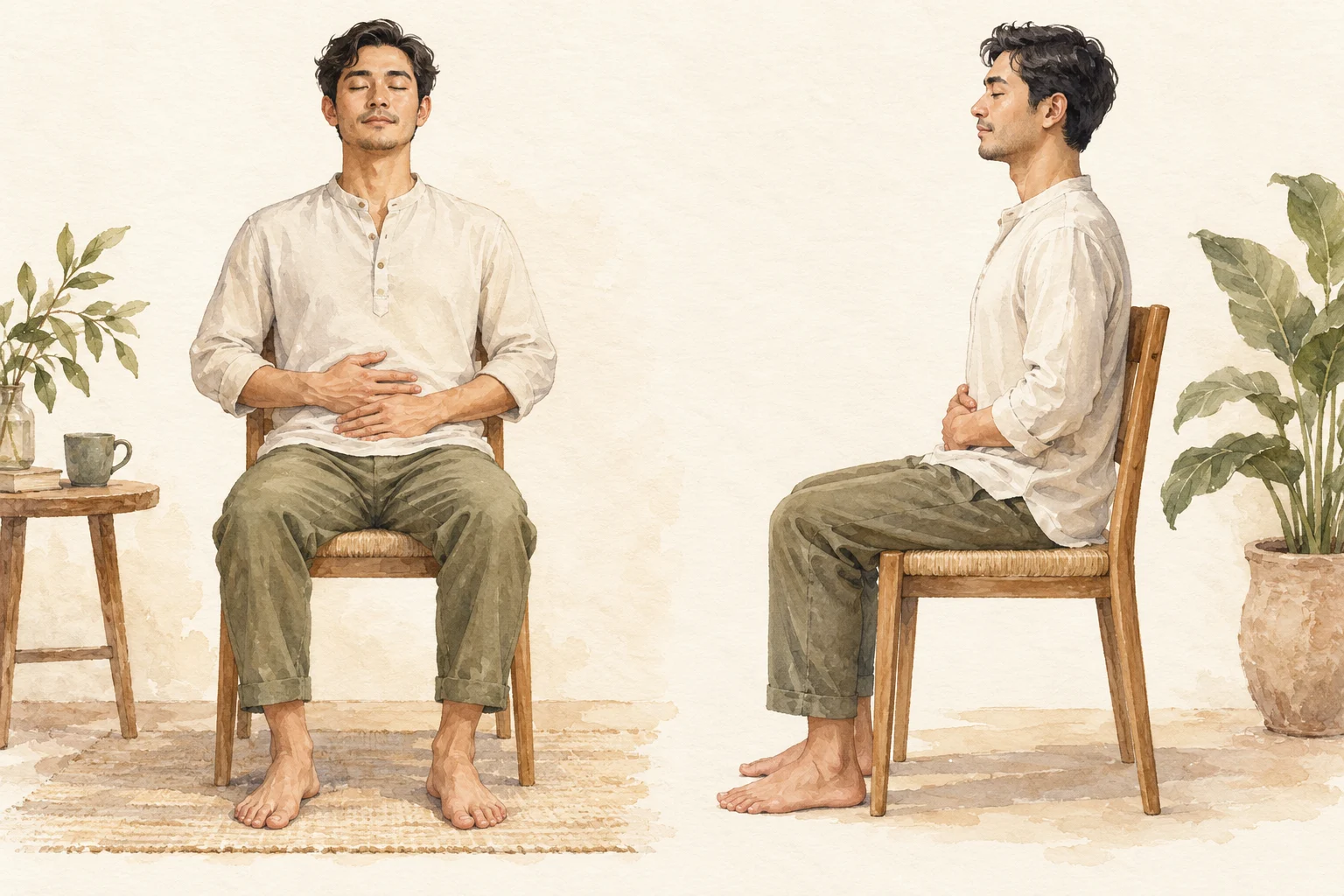 Ilustrasi posisi duduk nyaman dan tangan di perut saat latihan napas lembut.
