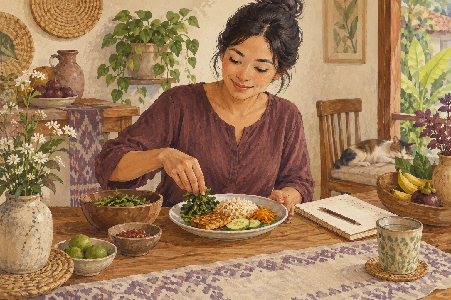 Ilustrasi perempuan menyiapkan makan rumahan seimbang dengan buku catatan