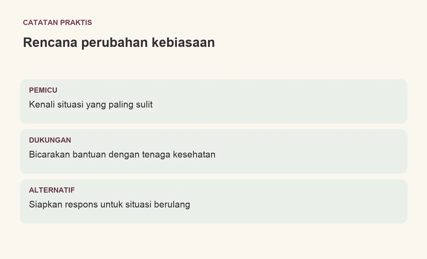 Rencana perubahan kebiasaan. PEMICU: Kenali situasi yang paling sulit. DUKUNGAN: Bicarakan bantuan dengan tenaga kesehatan. ALTERNATIF: Siapkan respons untuk situasi berulang