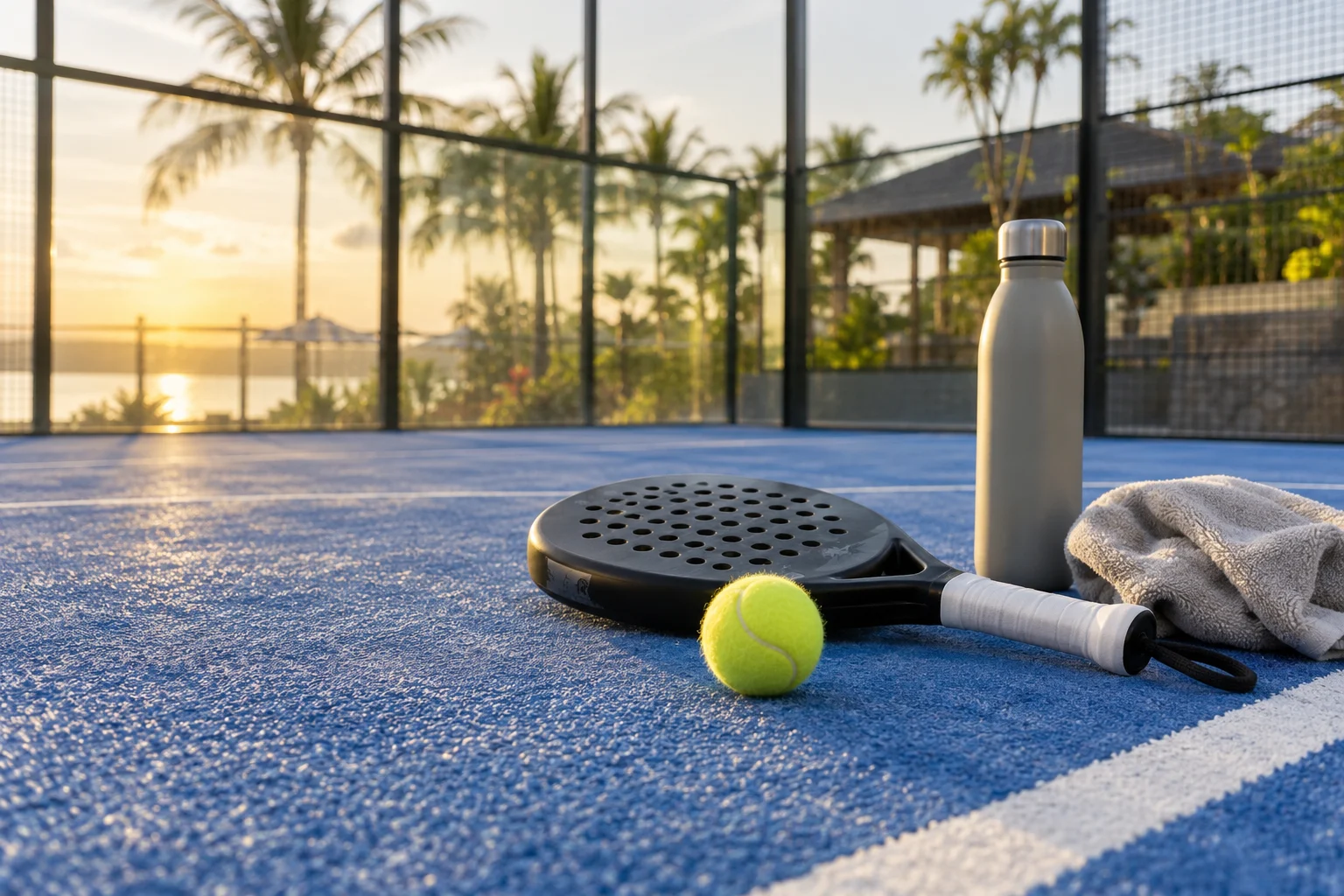 Raket dan bola padel di lapangan biru bersama botol air