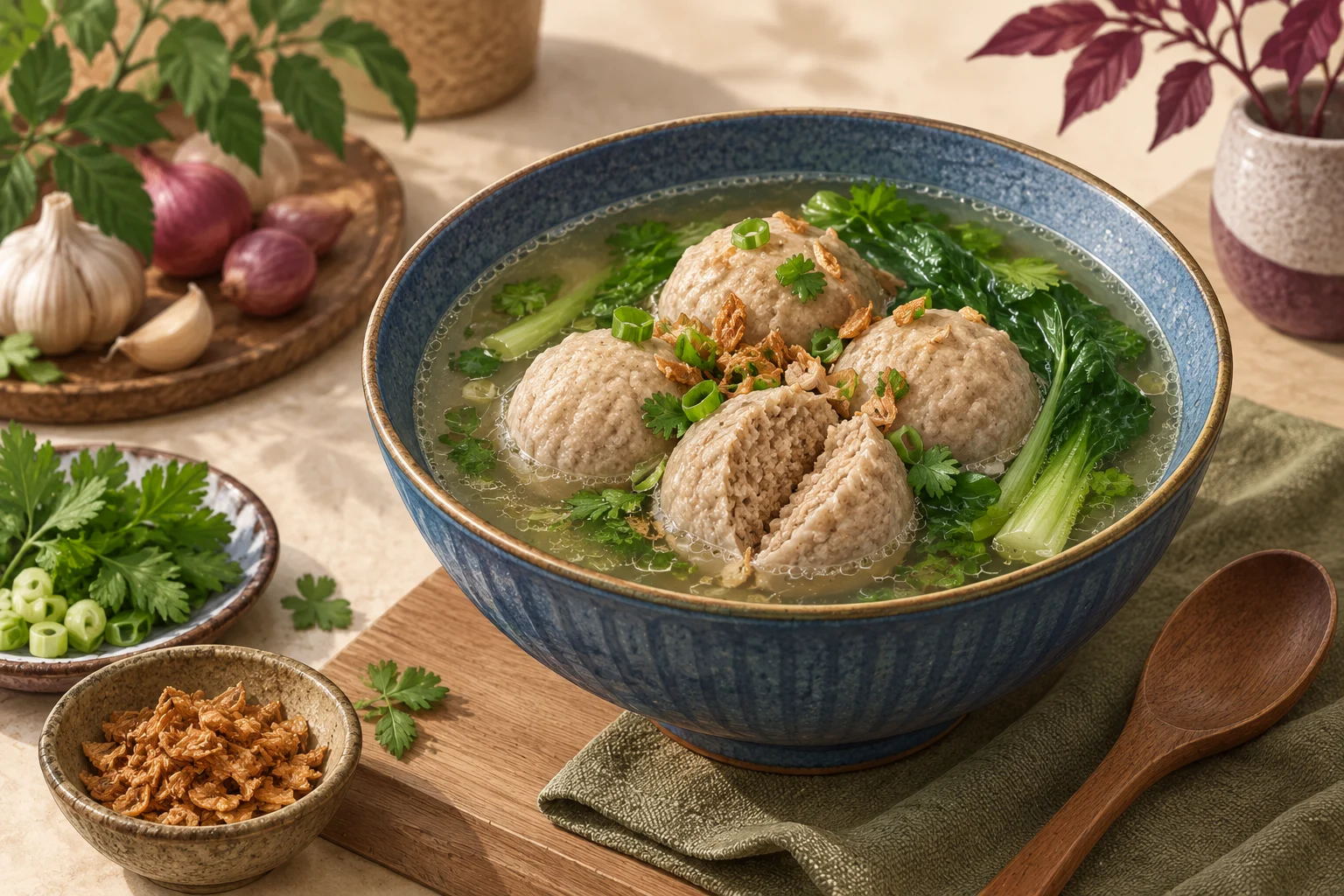 Ilustrasi semangkuk bakso kuah tanpa mie dengan sayuran