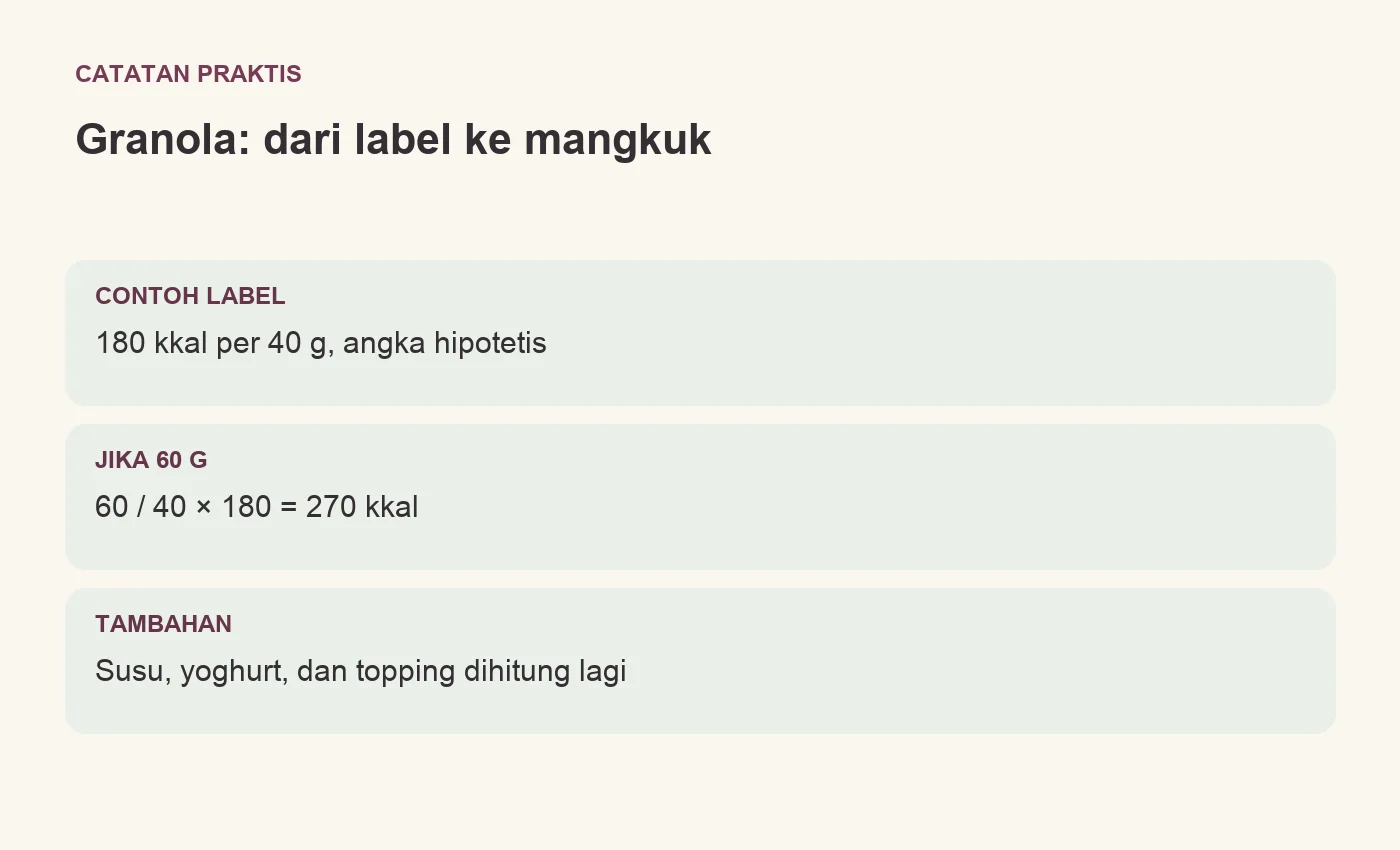 Granola: dari label ke mangkuk. CONTOH LABEL: 180 kkal per 40 g, angka hipotetis. JIKA 60 G: 60 / 40 × 180 = 270 kkal. TAMBAHAN: Susu, yoghurt, dan topping dihitung lagi
