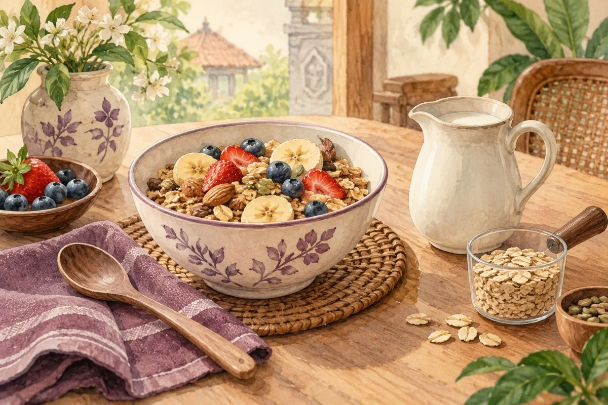 Ilustrasi semangkuk sereal dengan susu untuk sarapan