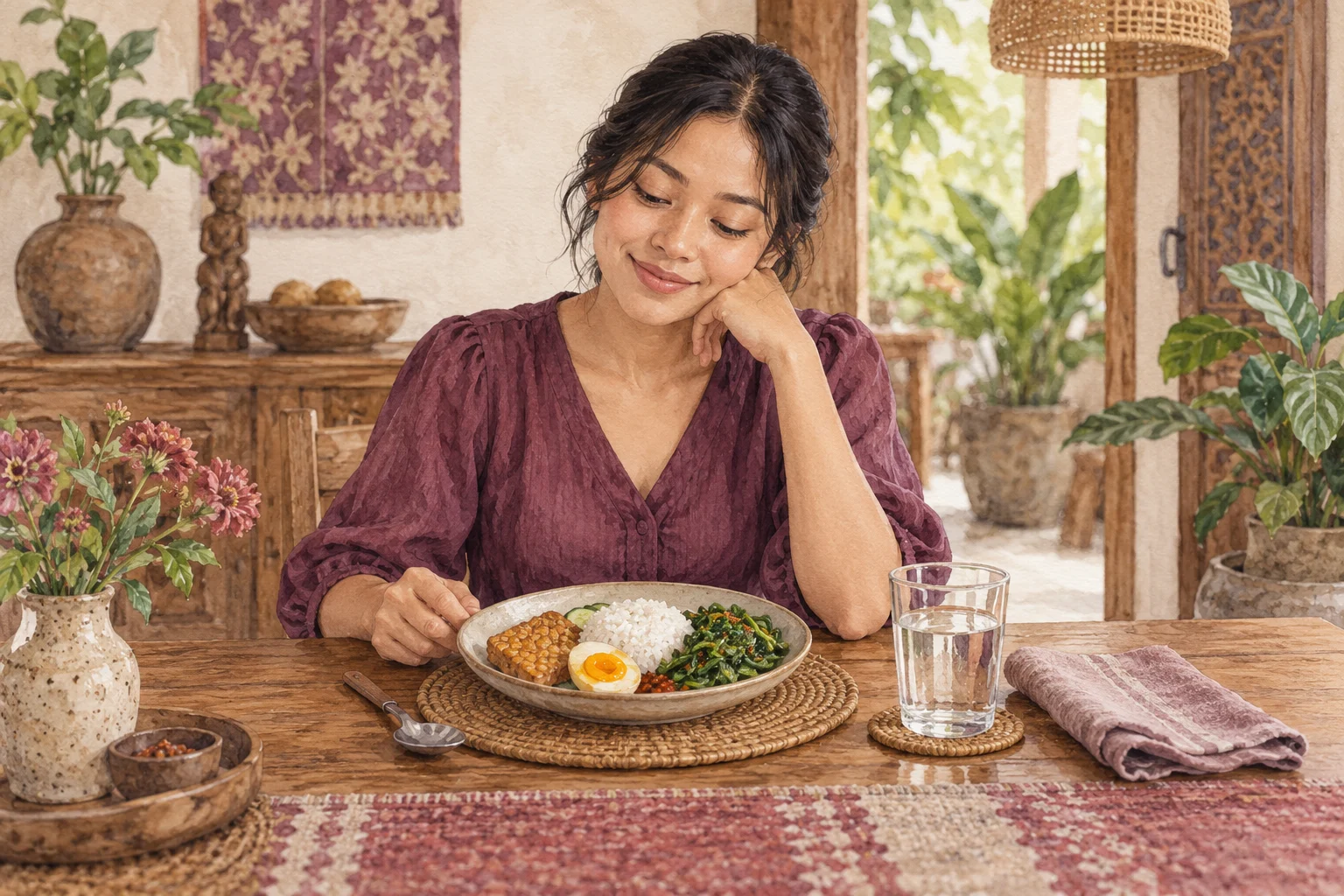 Perempuan menikmati makan dengan tenang dan memberi jeda sebelum melanjutkan suapan