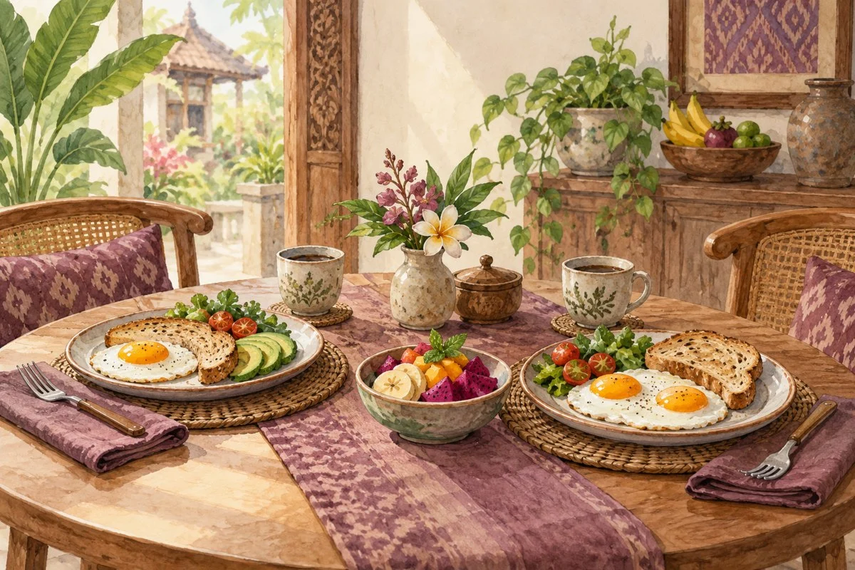 Ilustrasi dua porsi sarapan sederhana di meja makan