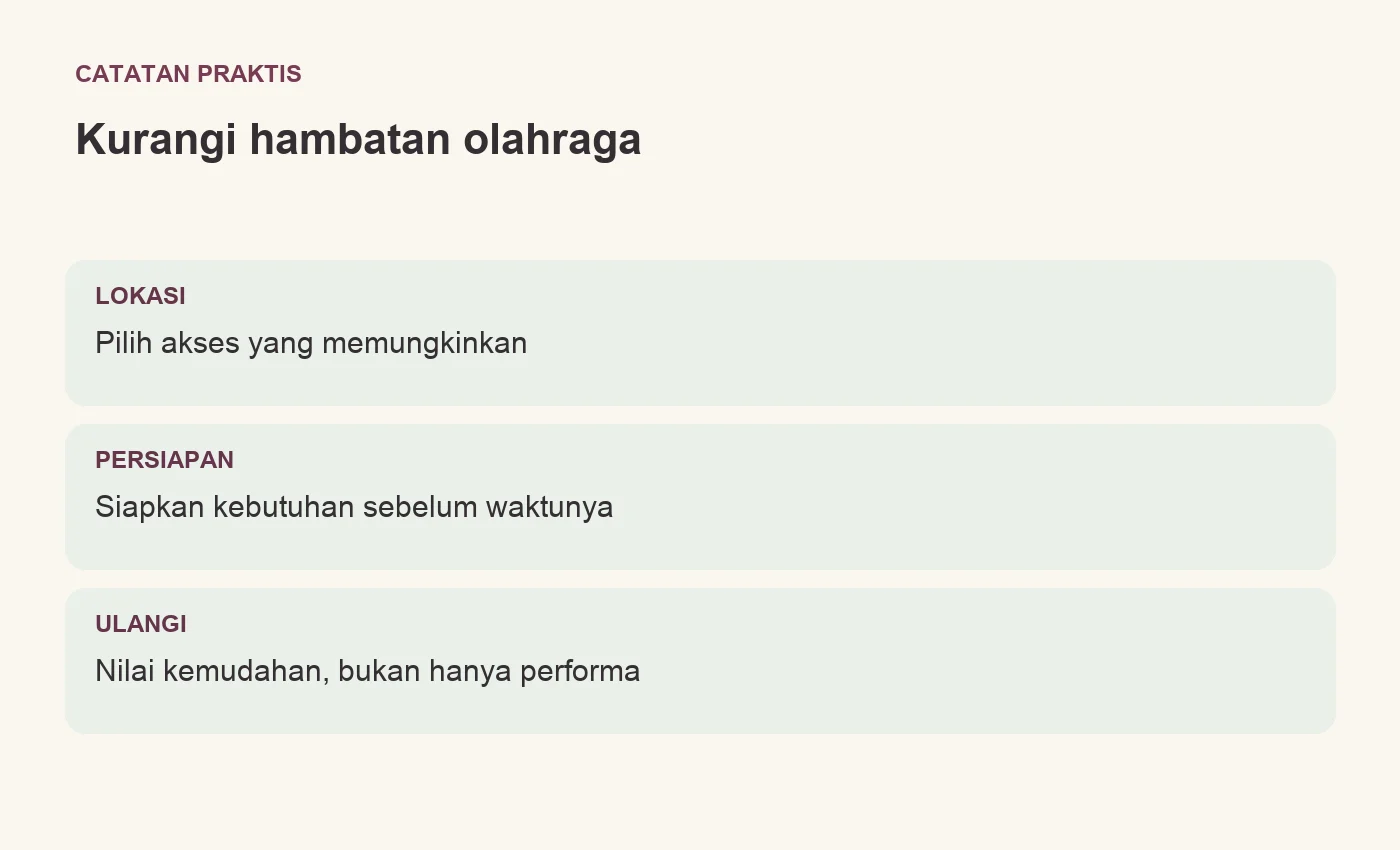 Kurangi hambatan olahraga. LOKASI: Pilih akses yang memungkinkan. PERSIAPAN: Siapkan kebutuhan sebelum waktunya. ULANGI: Nilai kemudahan, bukan hanya performa