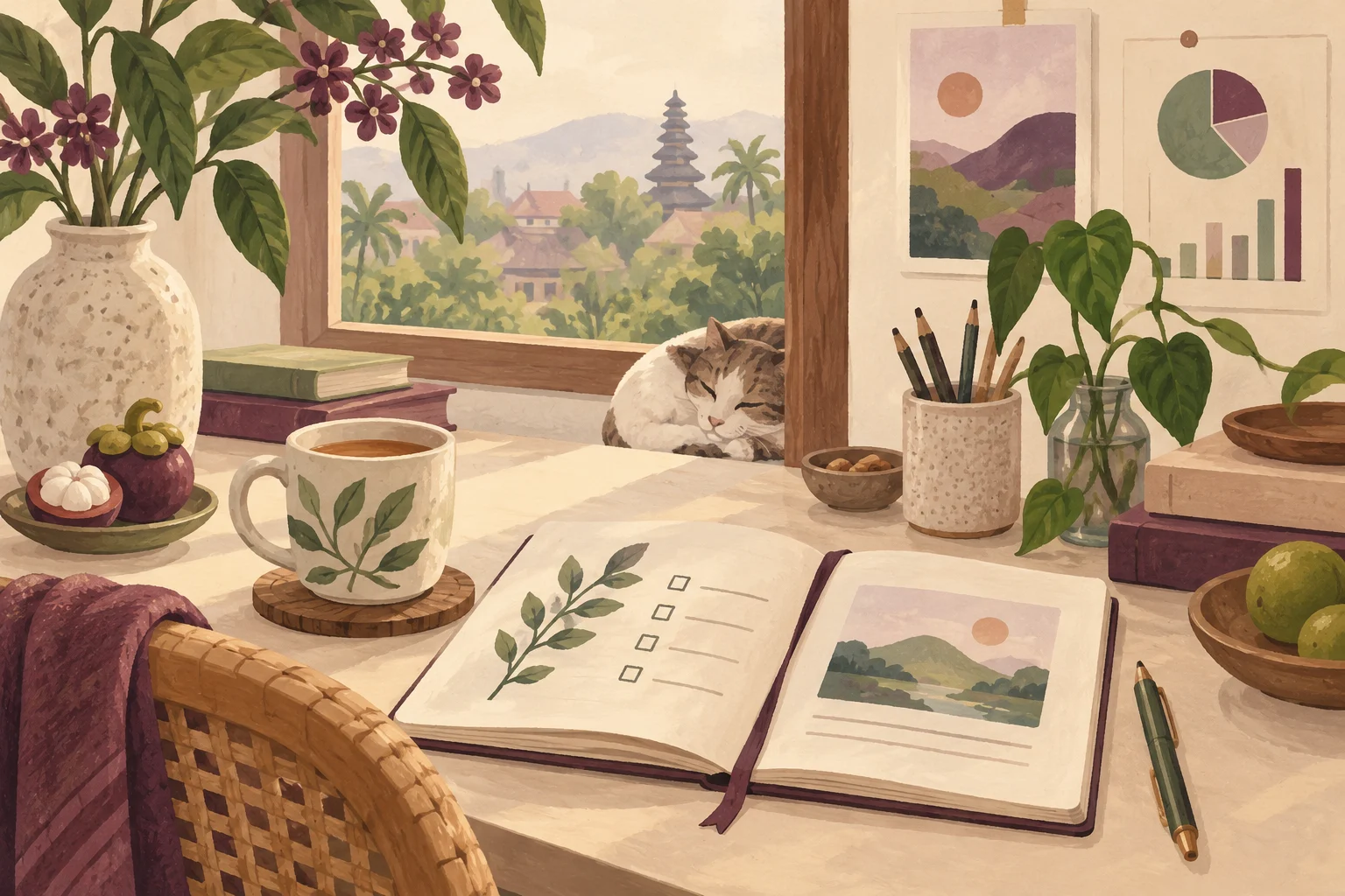 Ilustrasi catatan mingguan terbuka dengan jam dan secangkir minuman