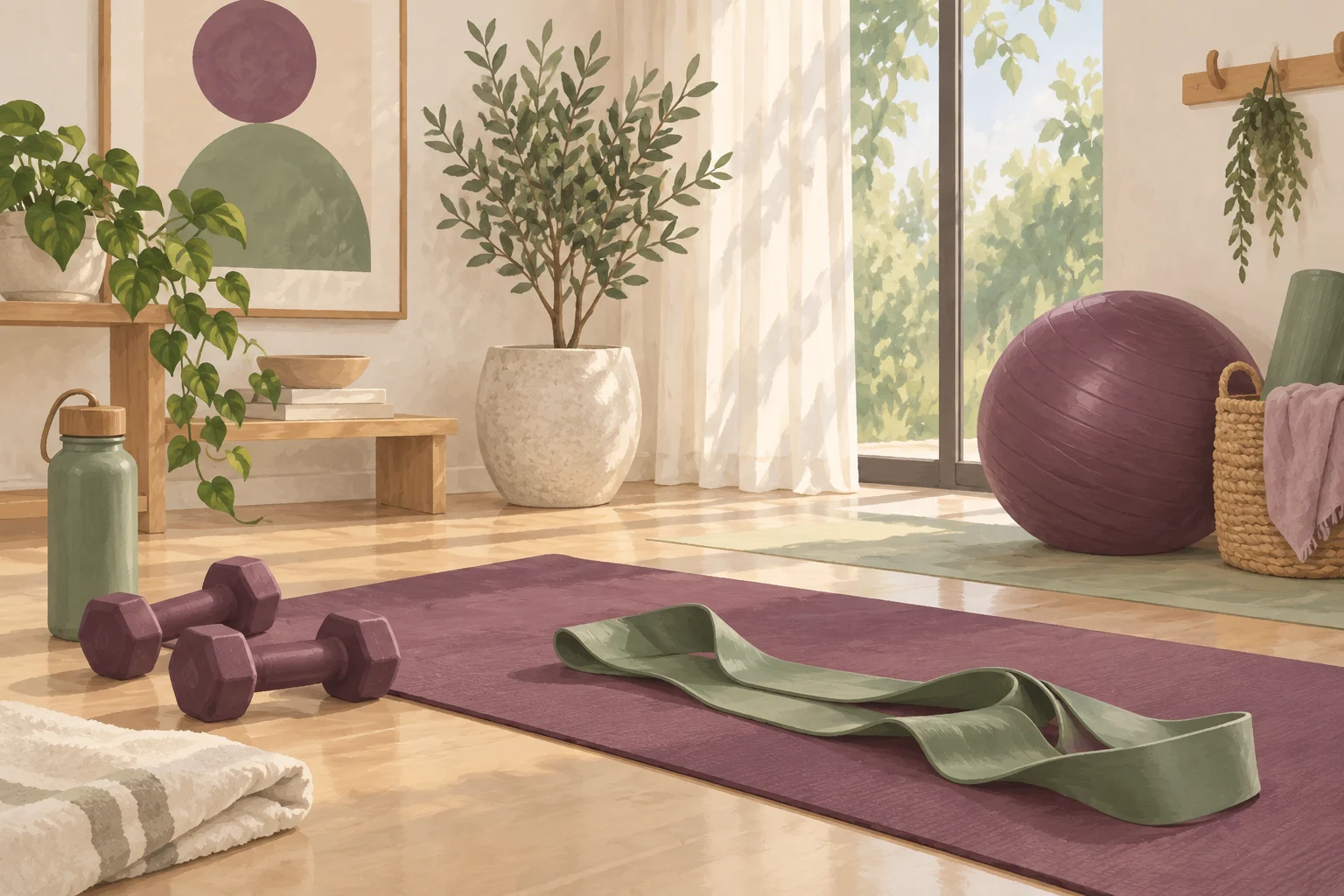 Ilustrasi matras Pilates dan dumbbell di studio yang lapang