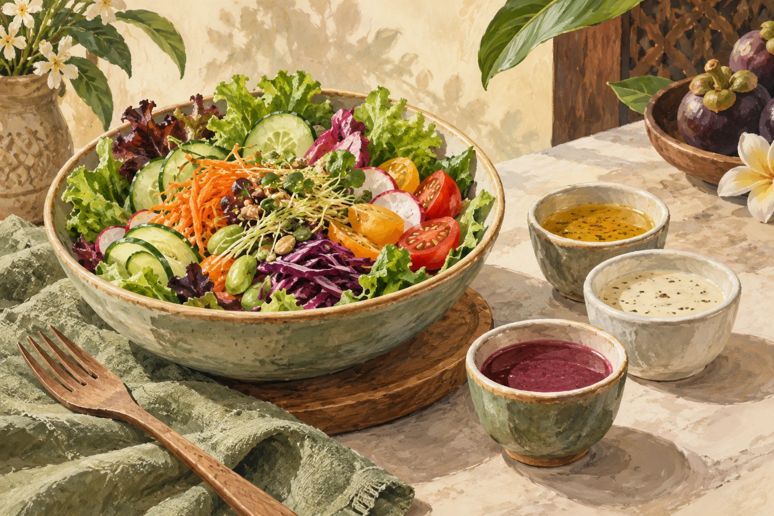 Ilustrasi salad sayur dengan tiga dressing terpisah
