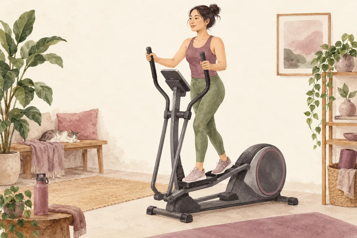 Ilustrasi elliptical untuk pemula dengan nuansa krem, plum, dan sage