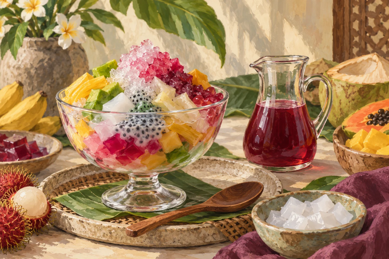 Ilustrasi es campur dengan isian dan sirup di mangkuk terpisah