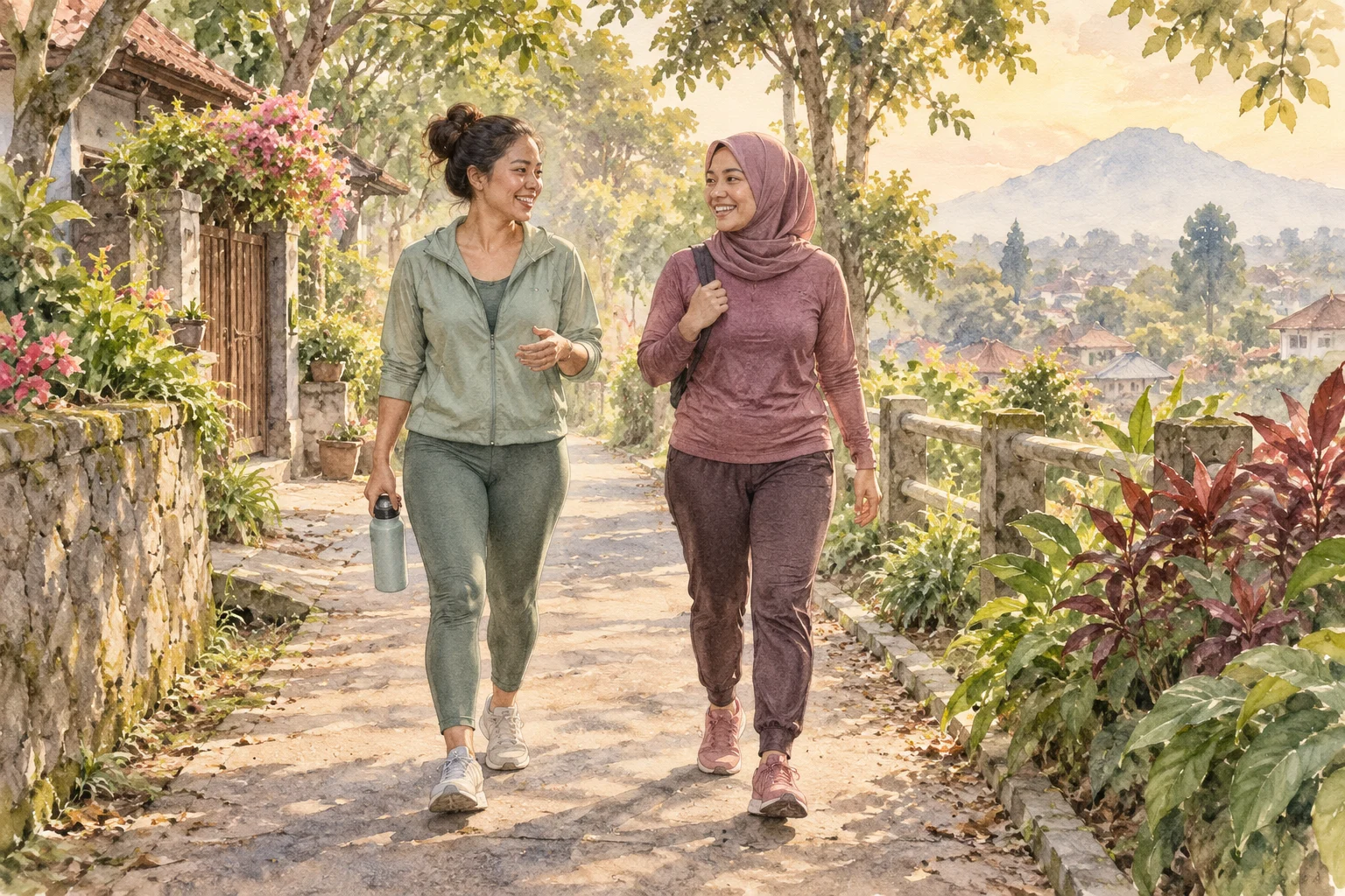 Dua teman berjalan sambil mengobrol di jalur taman pada pagi hari
