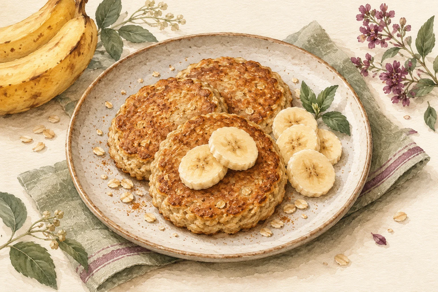 Ilustrasi watercolor pancake oatmeal pisang untuk diet, lembut dan mudah dibalik
