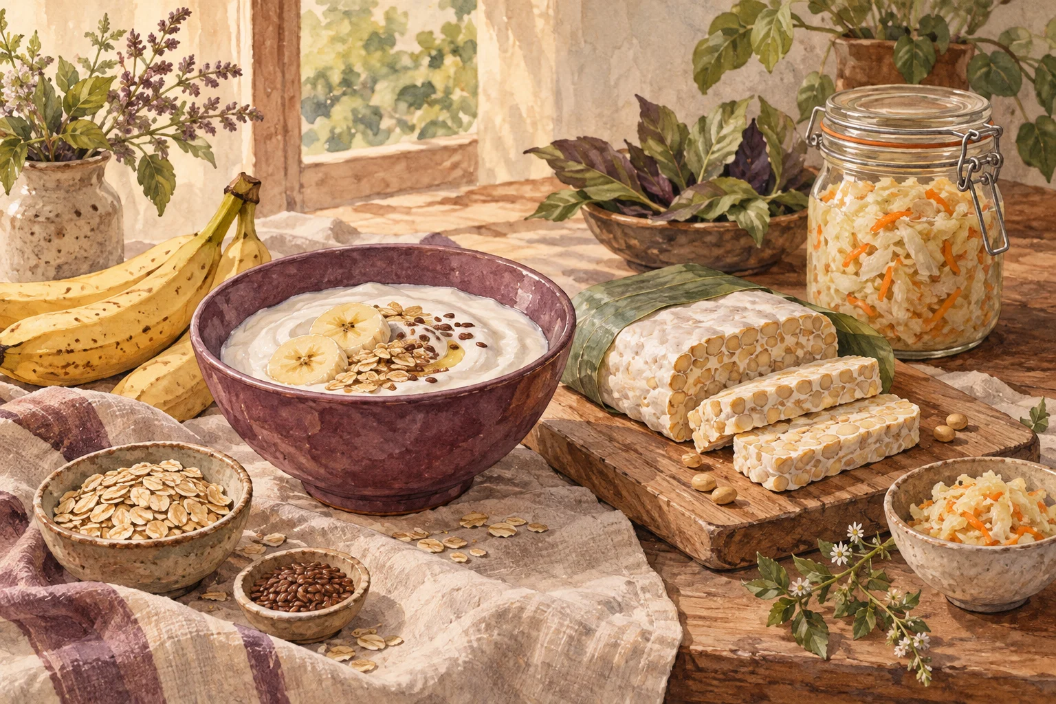 Ilustrasi watercolor yoghurt, pisang, oat, dan makanan fermentasi.
