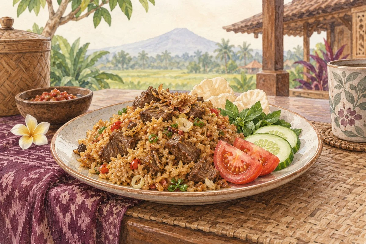 Ilustrasi nasi goreng kambing dengan potongan daging dan acar