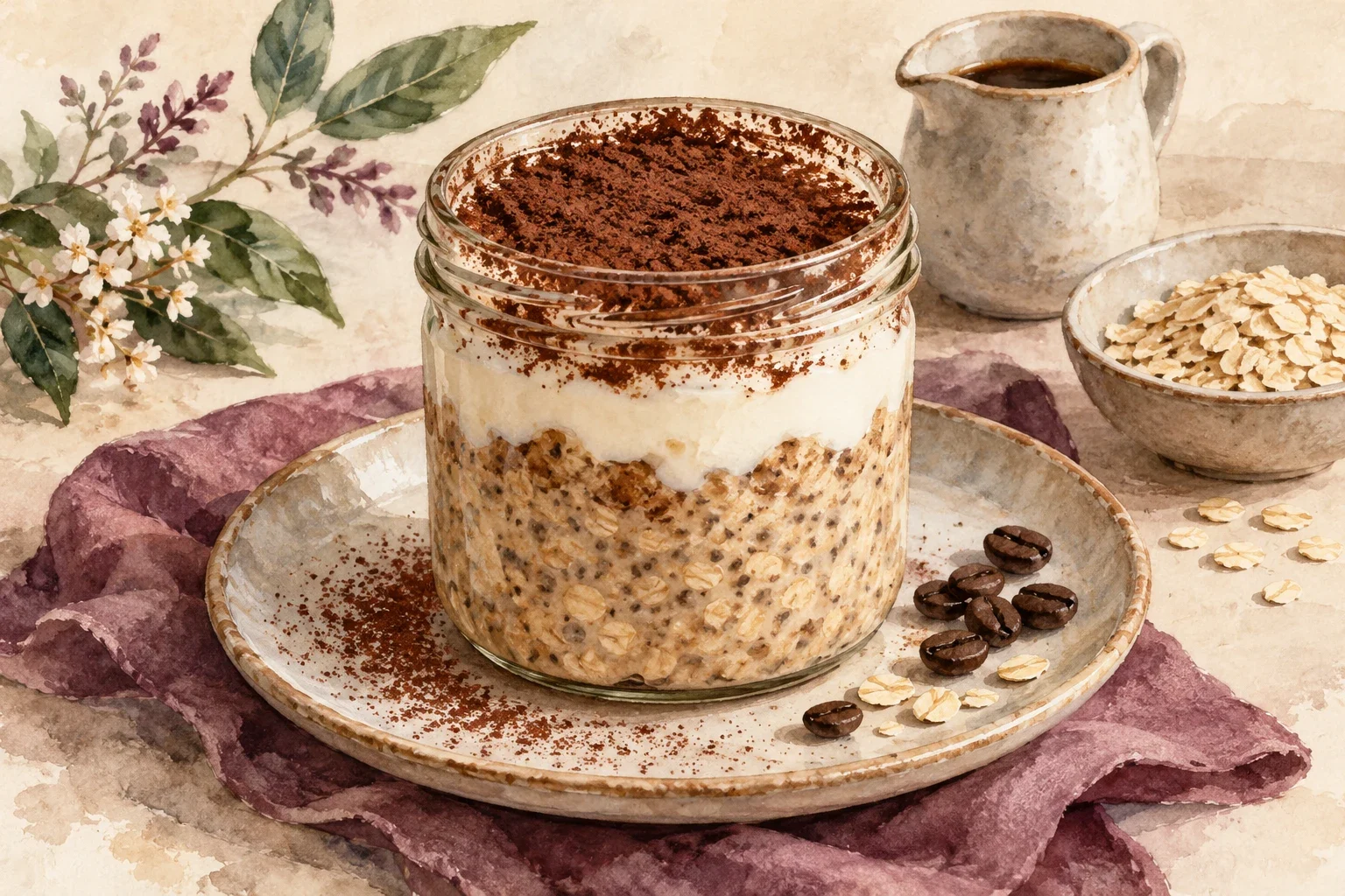 Ilustrasi watercolor overnight oat tiramisu, sarapan rasa kopi dan kakao