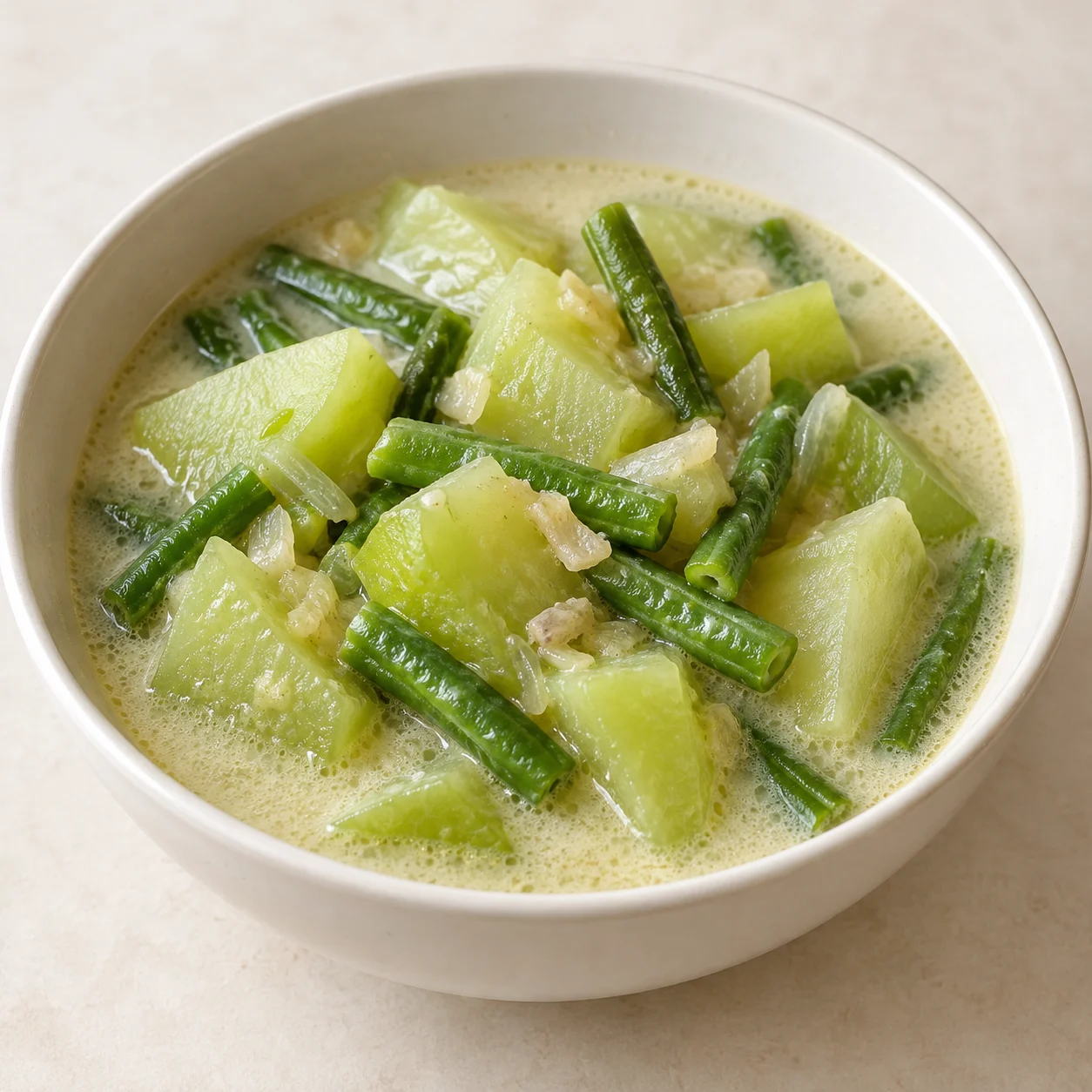 Ilustrasi AI realistis sayur lodeh dengan labu siam dan kacang panjang