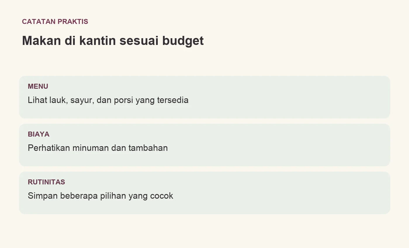 Makan di kantin sesuai budget. MENU: Lihat lauk, sayur, dan porsi yang tersedia. BIAYA: Perhatikan minuman dan tambahan. RUTINITAS: Simpan beberapa pilihan yang cocok