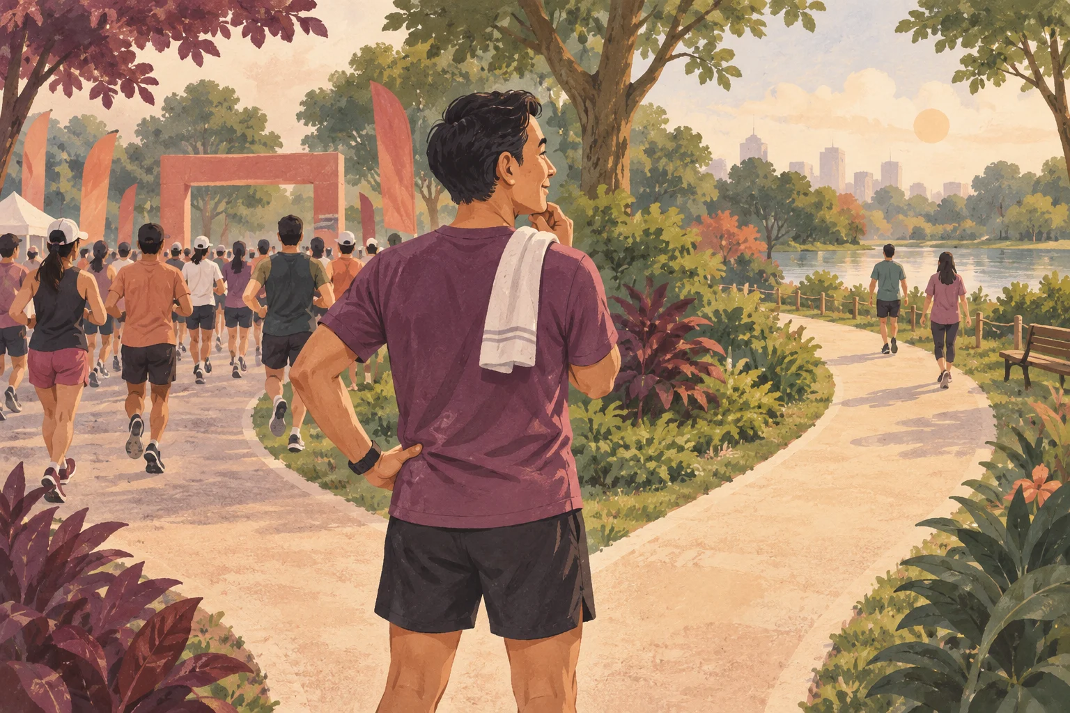 Ilustrasi pelari pemula memilih jalur acara lari di taman