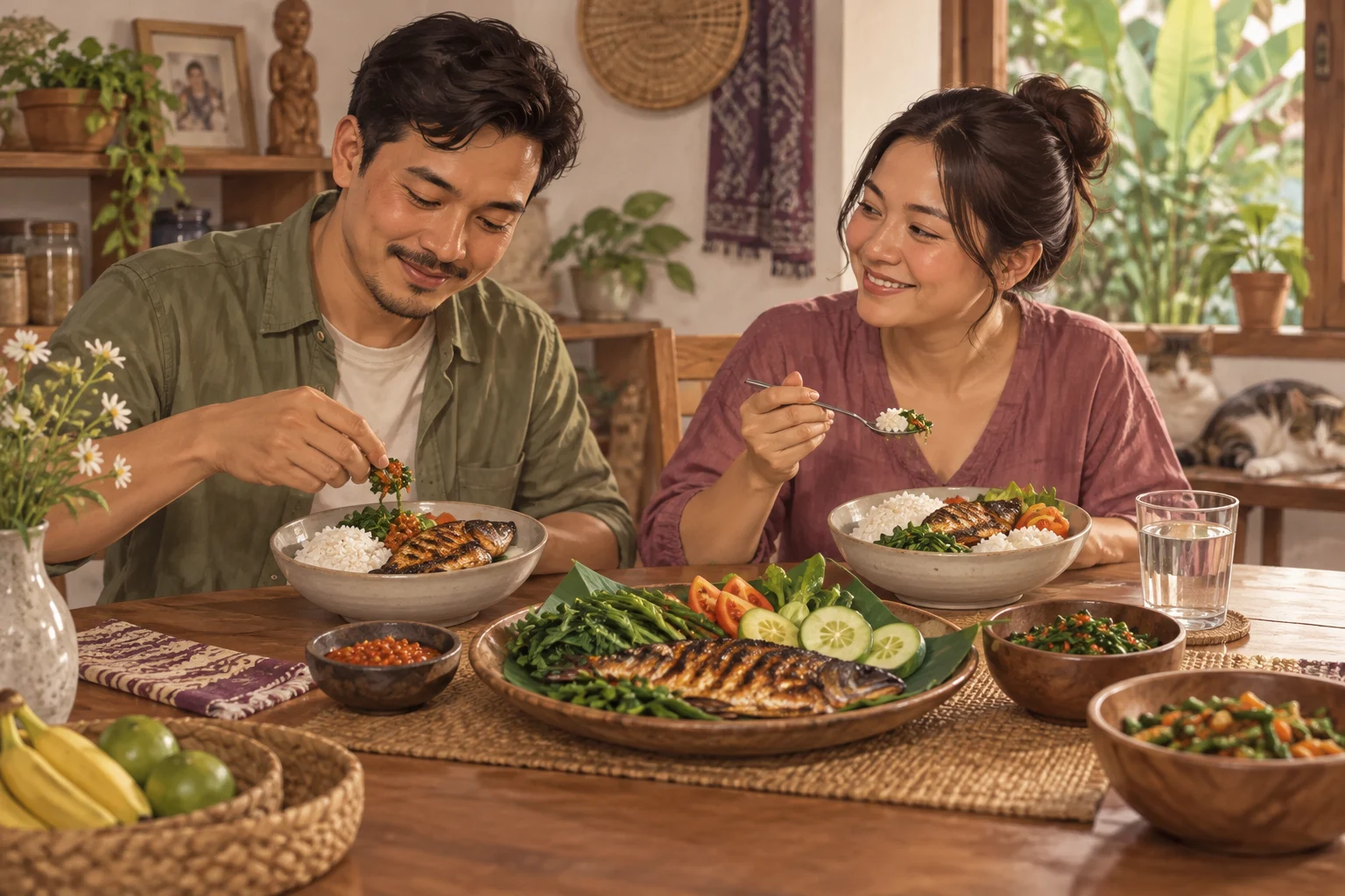 Ilustrasi nasi putih dengan ikan dan sayuran dalam satu piring