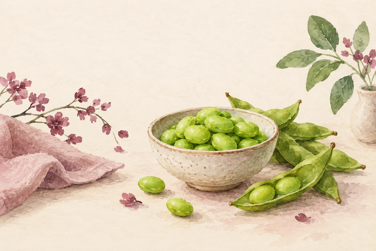 Ilustrasi protein edamame dengan nuansa krem, plum, dan sage