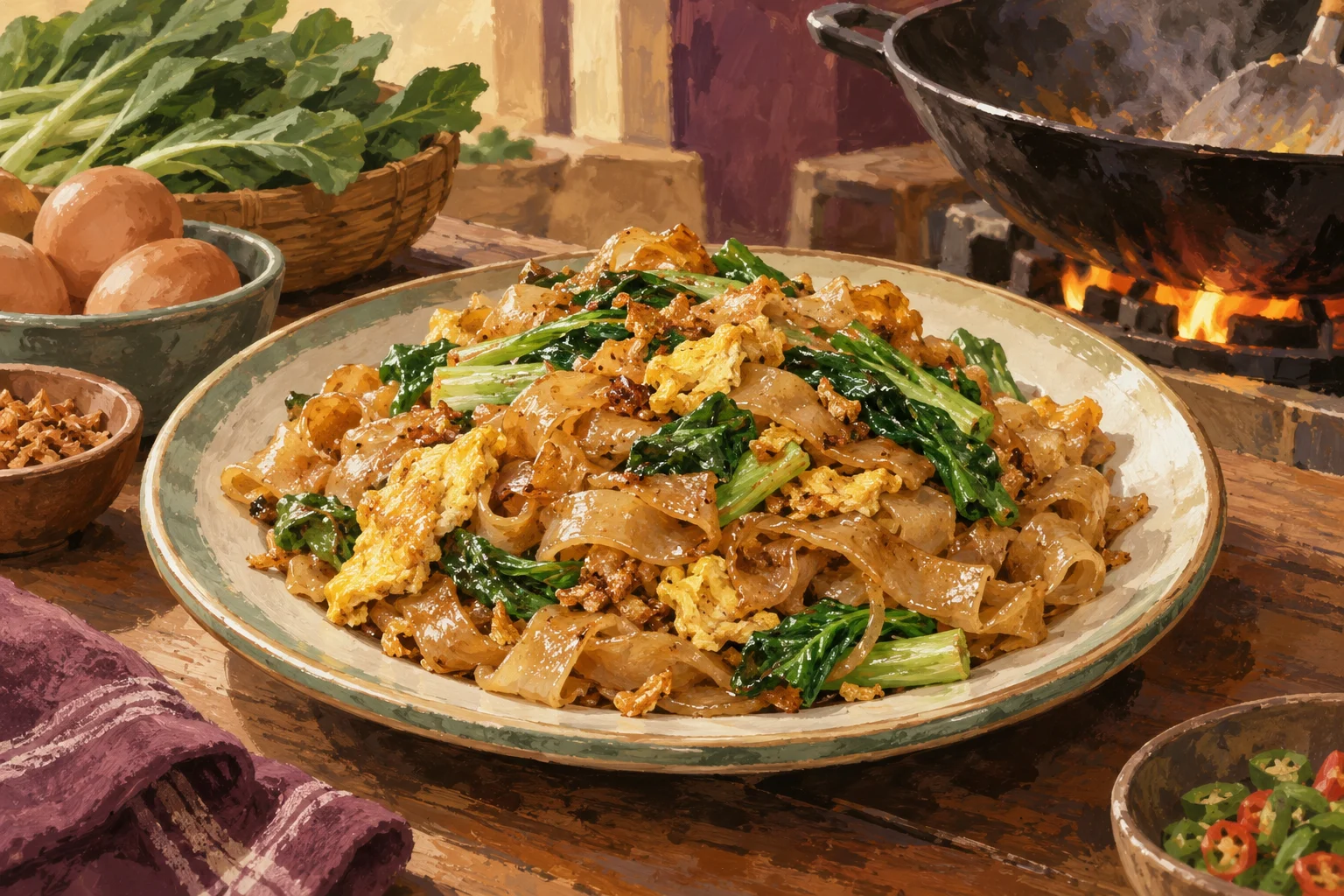 Ilustrasi kwetiau goreng telur dengan sayur di piring keramik