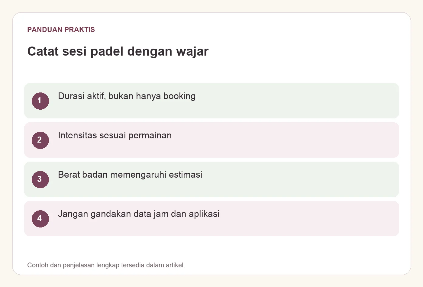 Catat sesi padel dengan wajar. Durasi aktif, bukan hanya booking. Intensitas sesuai permainan. Berat badan memengaruhi estimasi. Jangan gandakan data jam dan aplikasi