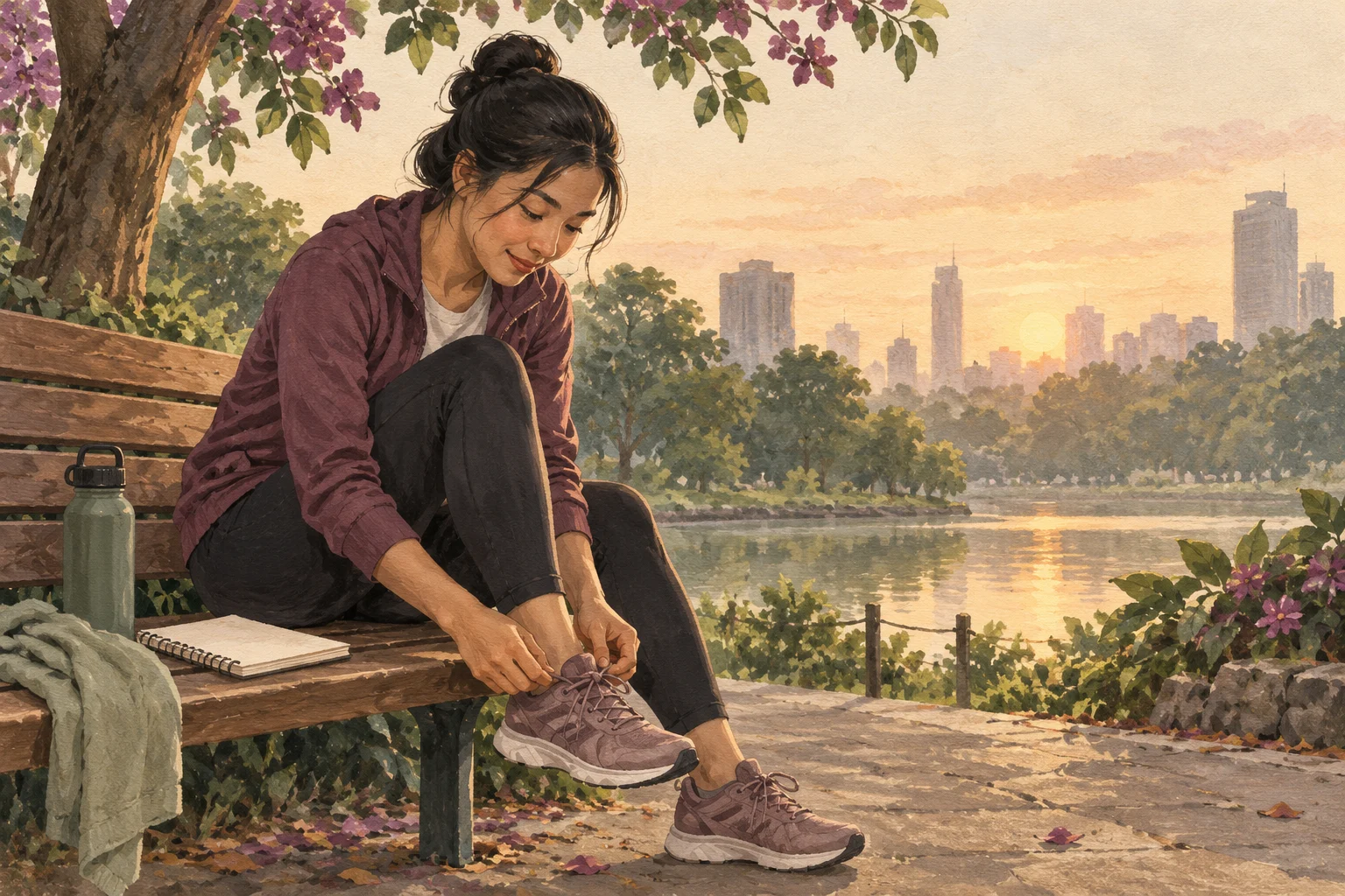 Ilustrasi pelari pemula mengikat sepatu di taman dengan buku rencana kecil