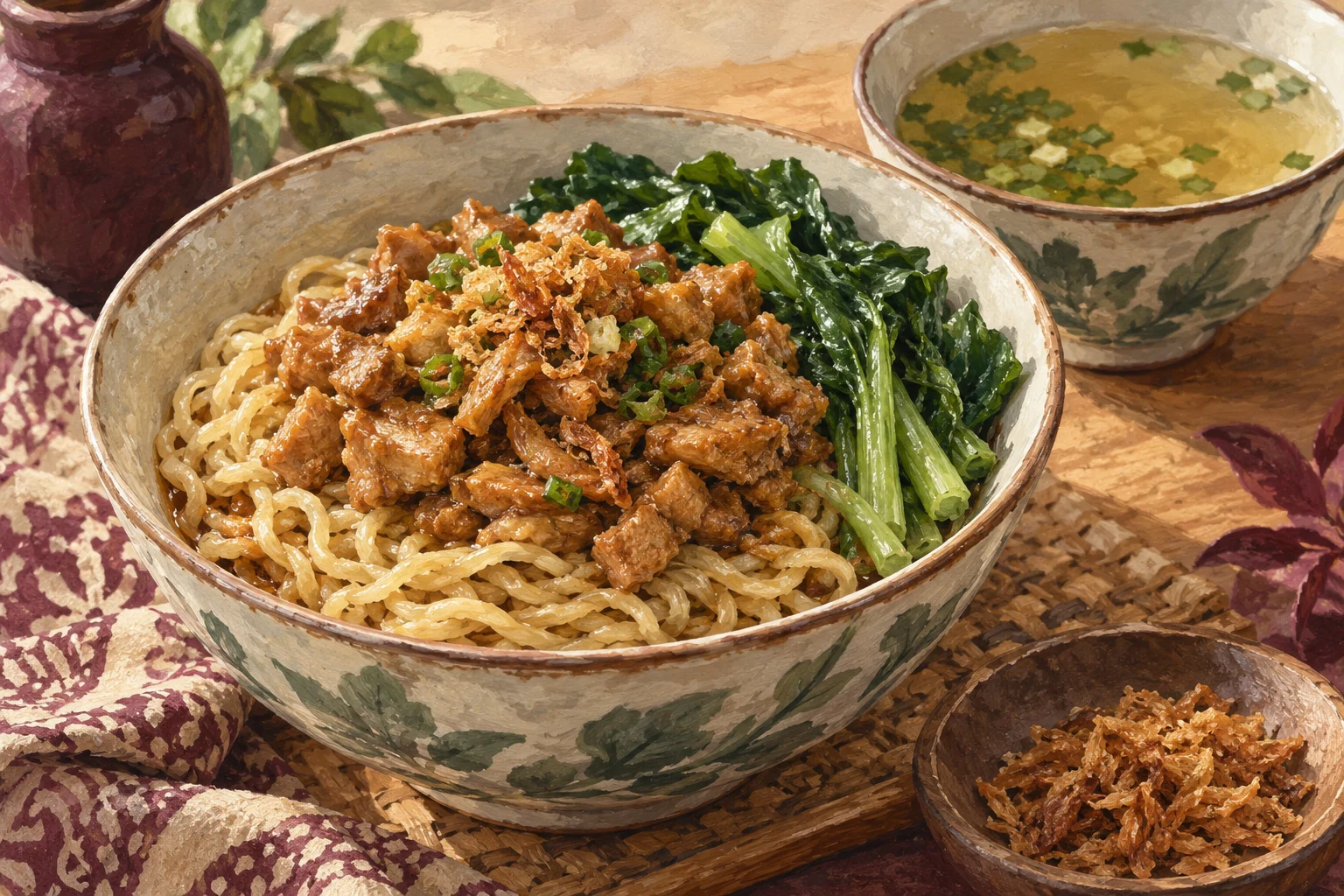 Ilustrasi semangkuk mie ayam dengan topping ayam dan sayuran