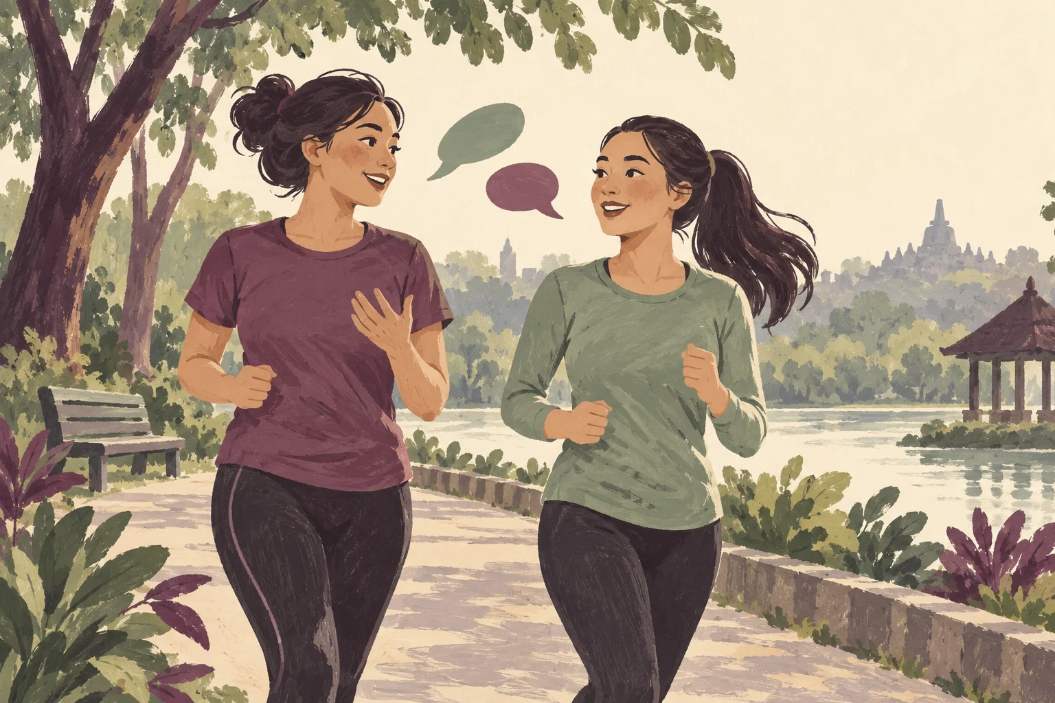 Ilustrasi dua teman berlari santai sambil berbicara di taman