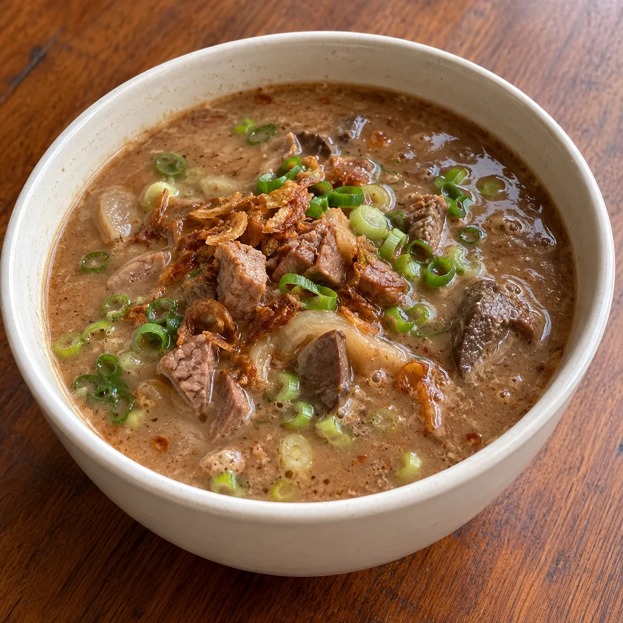 Contoh visual AI Coto mangkasara, sapi, masakan; tampilan bukan ukuran saji baku