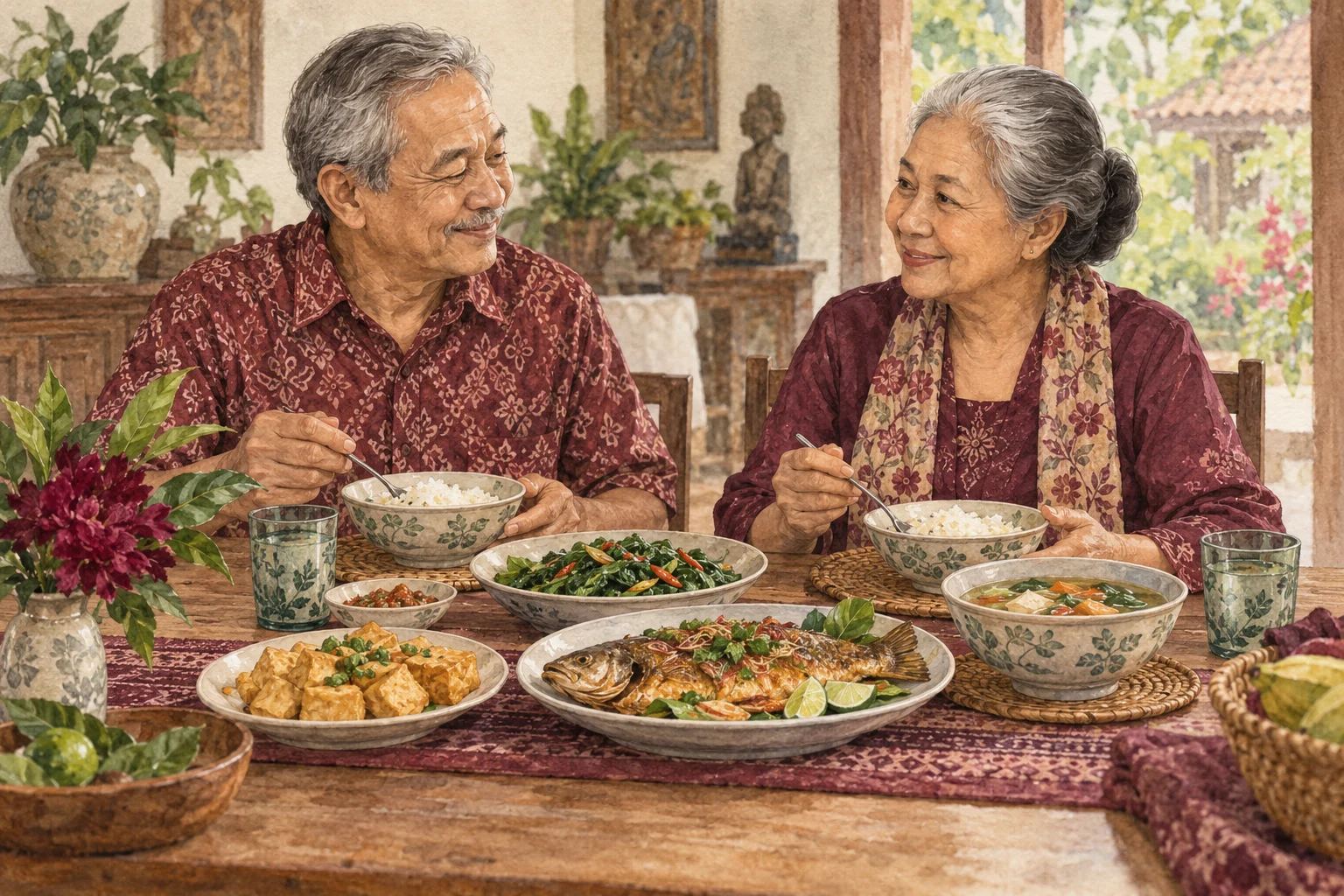 Ilustrasi watercolor: Orang lanjut usia menikmati makanan dalam suasana rumah