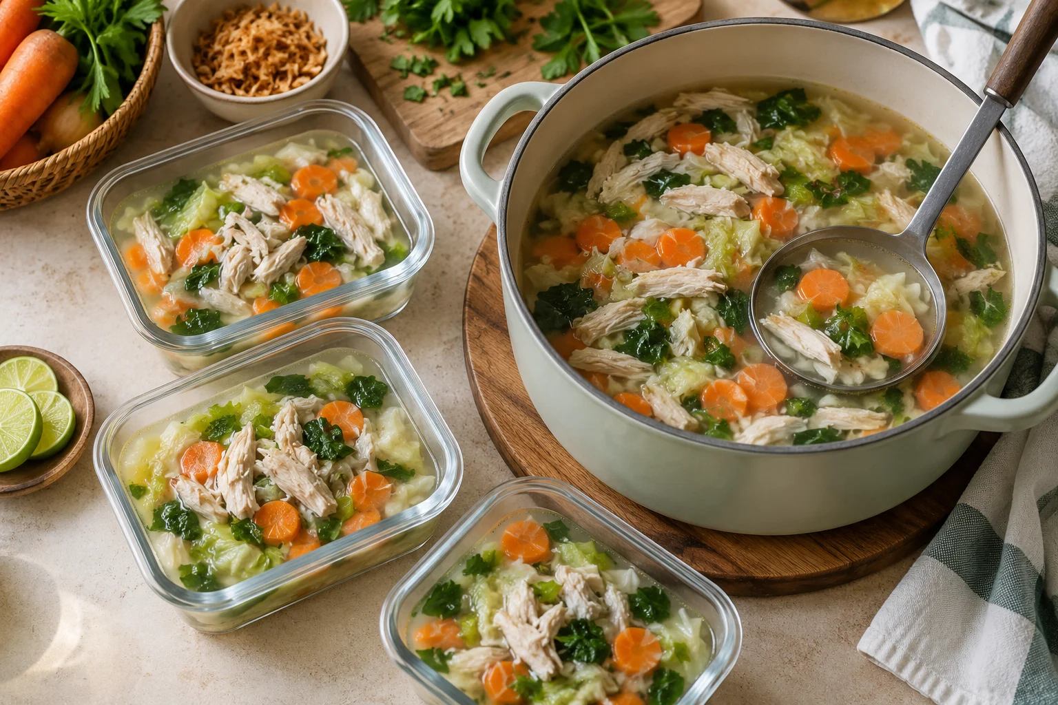 Sepanci sup ayam sayuran dengan wadah porsi dan sendok sayur